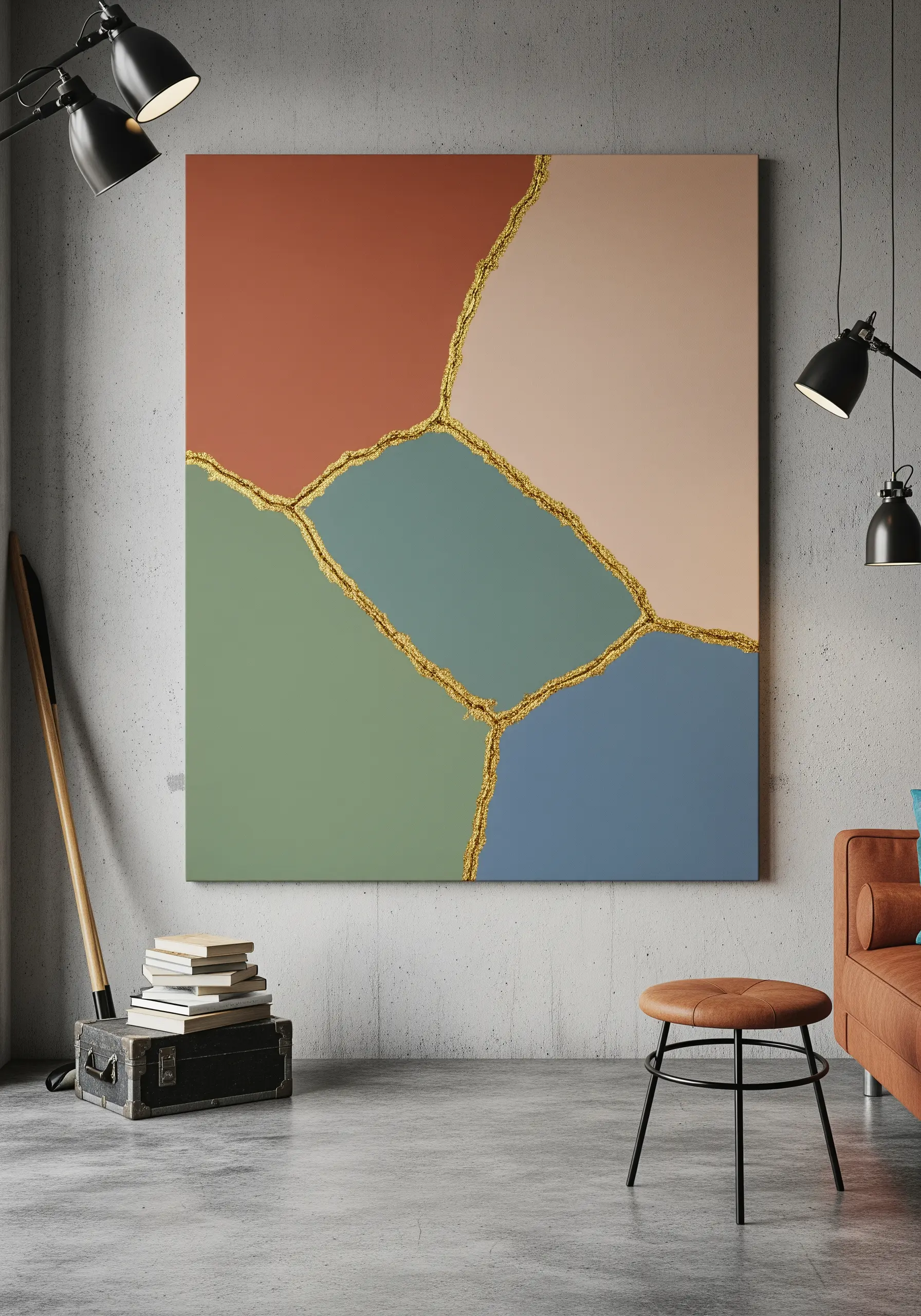 Kintsugi-style art with color blocks joined by thick, textured gold embroidery.