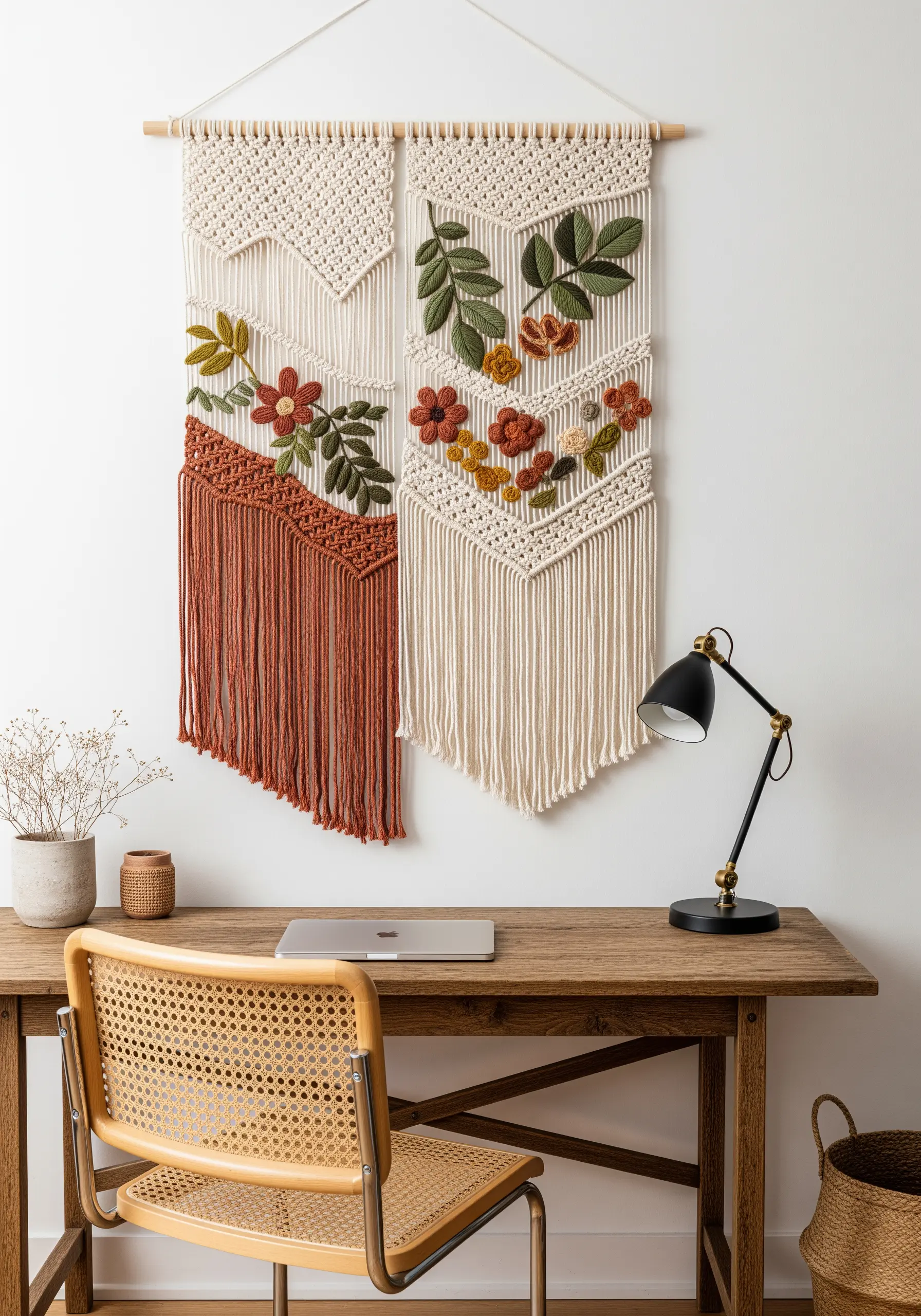 A macrame wall hanging embellished with colorful, textured embroidered flowers and leaves.