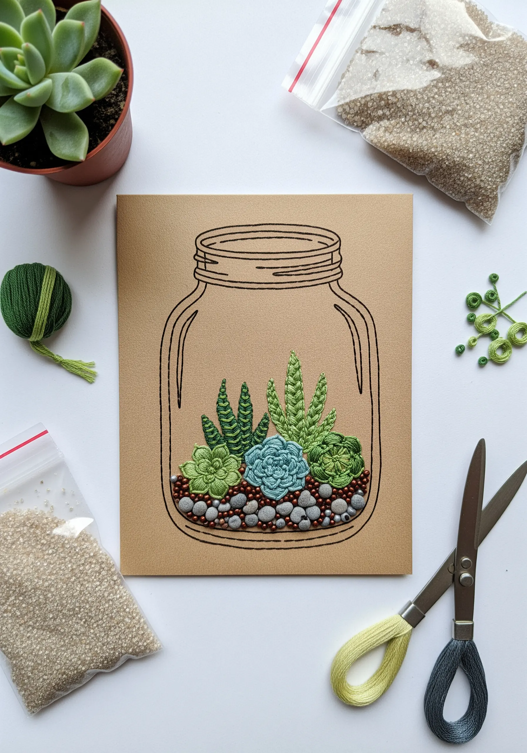 An embroidered terrarium in a glass jar outline, with stitched succulents and beaded gravel.