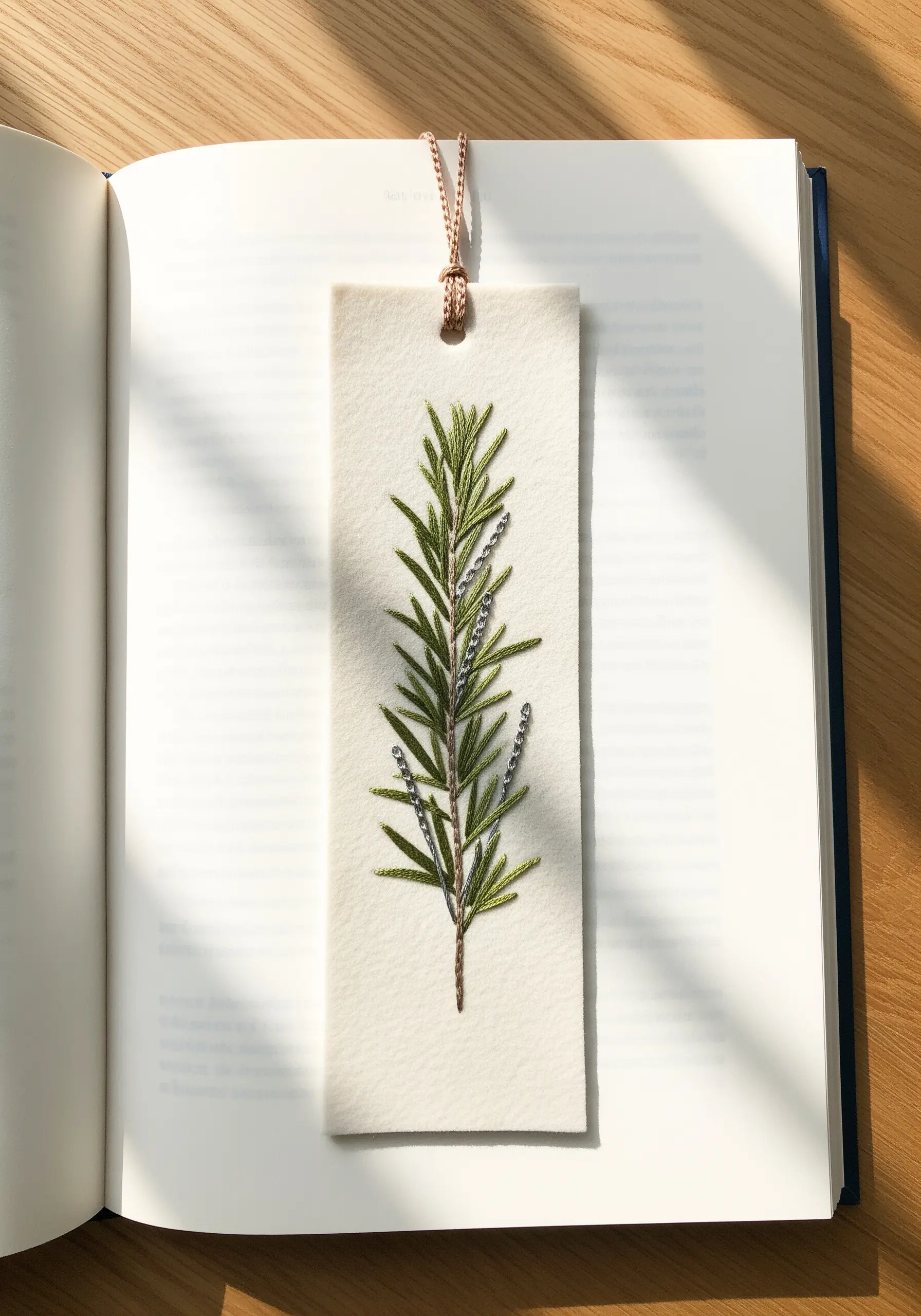 Embroidered rosemary sprig on a cream-colored bookmark with metallic thread detail.