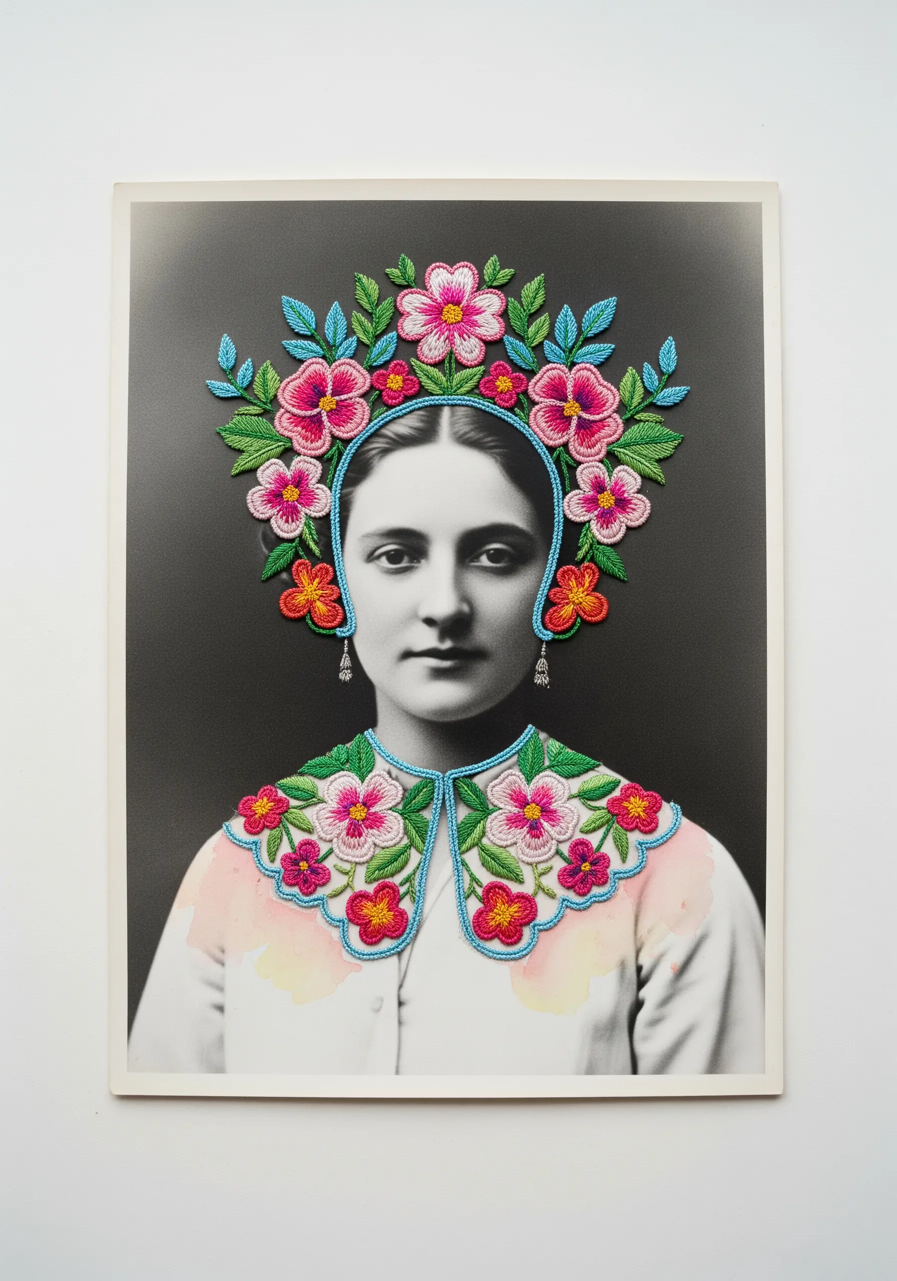 Colorful floral embroidery stitched onto a vintage black and white portrait photo.