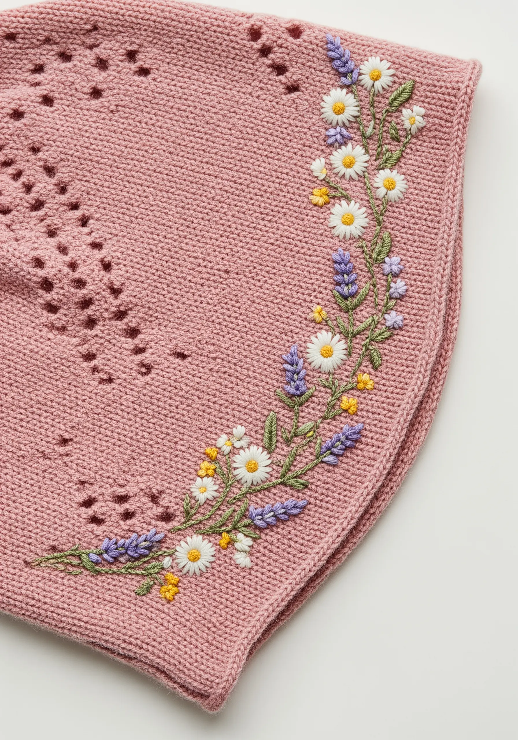 Delicate wildflowers including lavender and daisies embroidered on a pink knit bonnet.