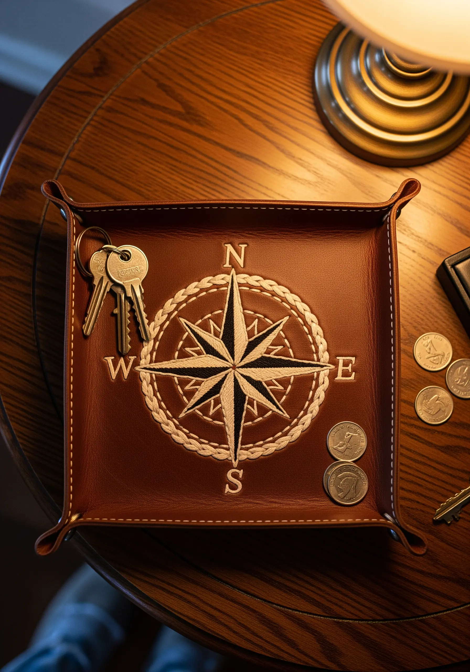 Embroidered compass rose design on a brown leather valet tray.