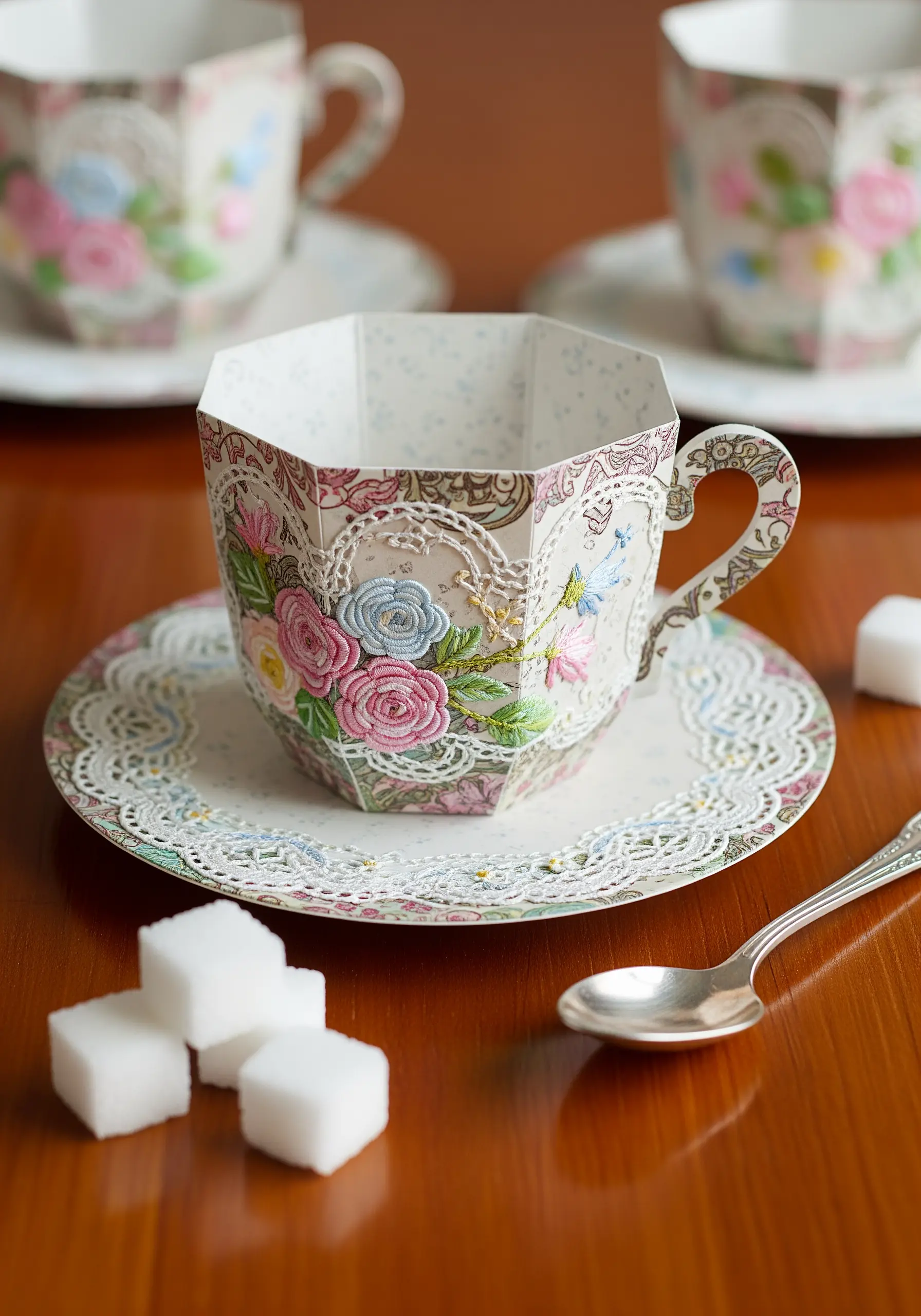A 3D paper teacup decorated with hand-embroidered roses and flowers.