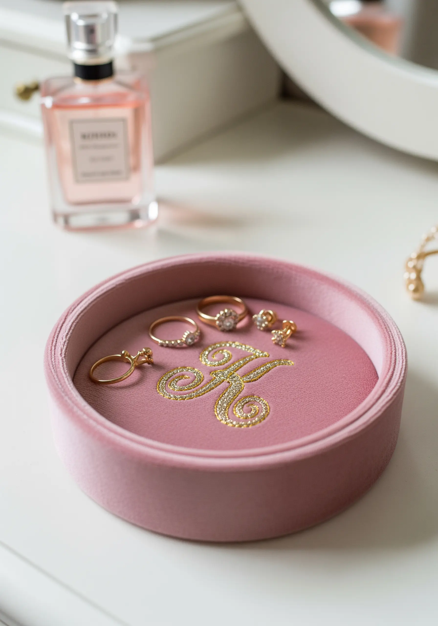 A gold-threaded monogram embroidered on the pink velvet lining of a jewelry tray.