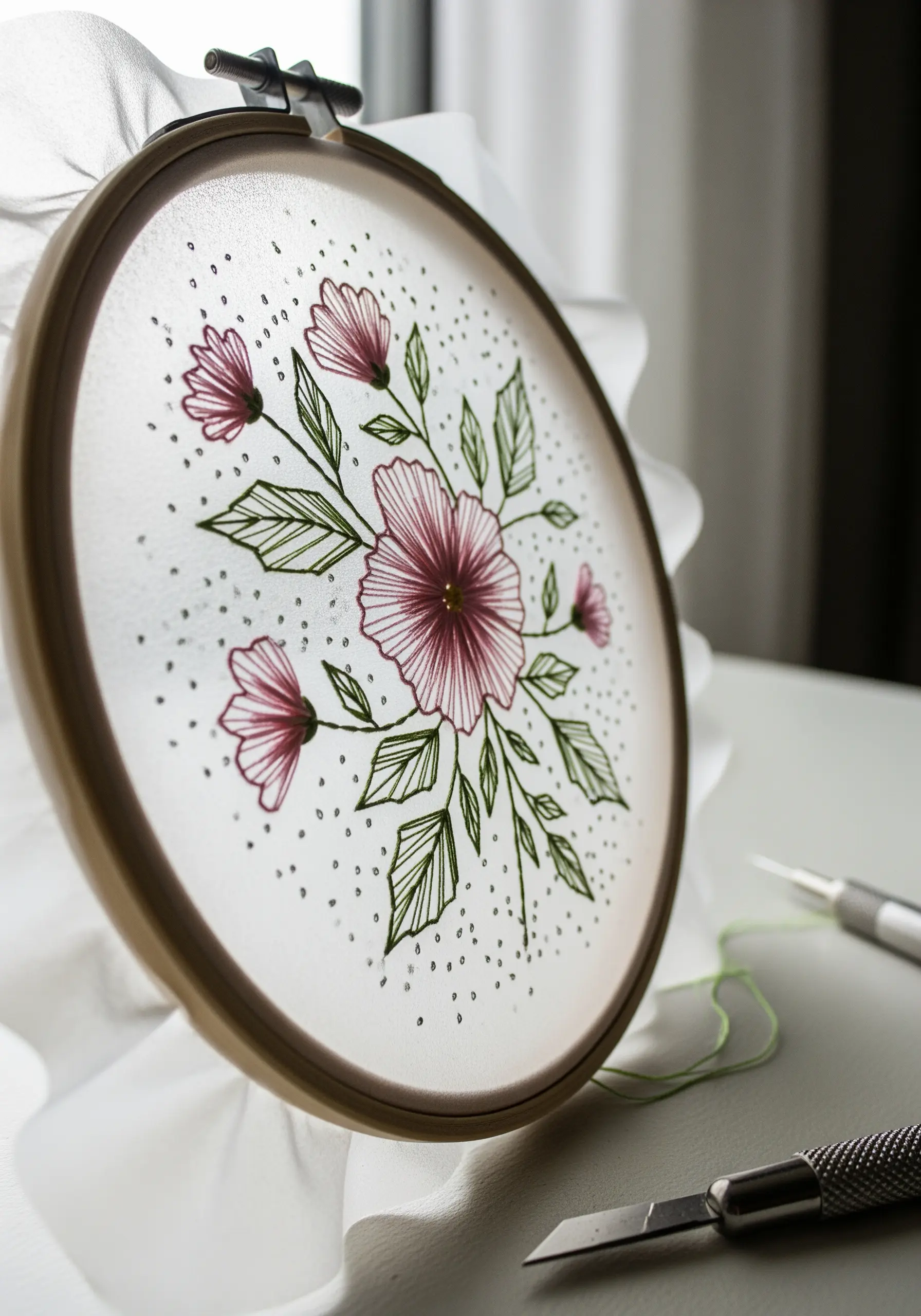 Pink and green floral embroidery on a sheer, translucent fabric stretched in a hoop.