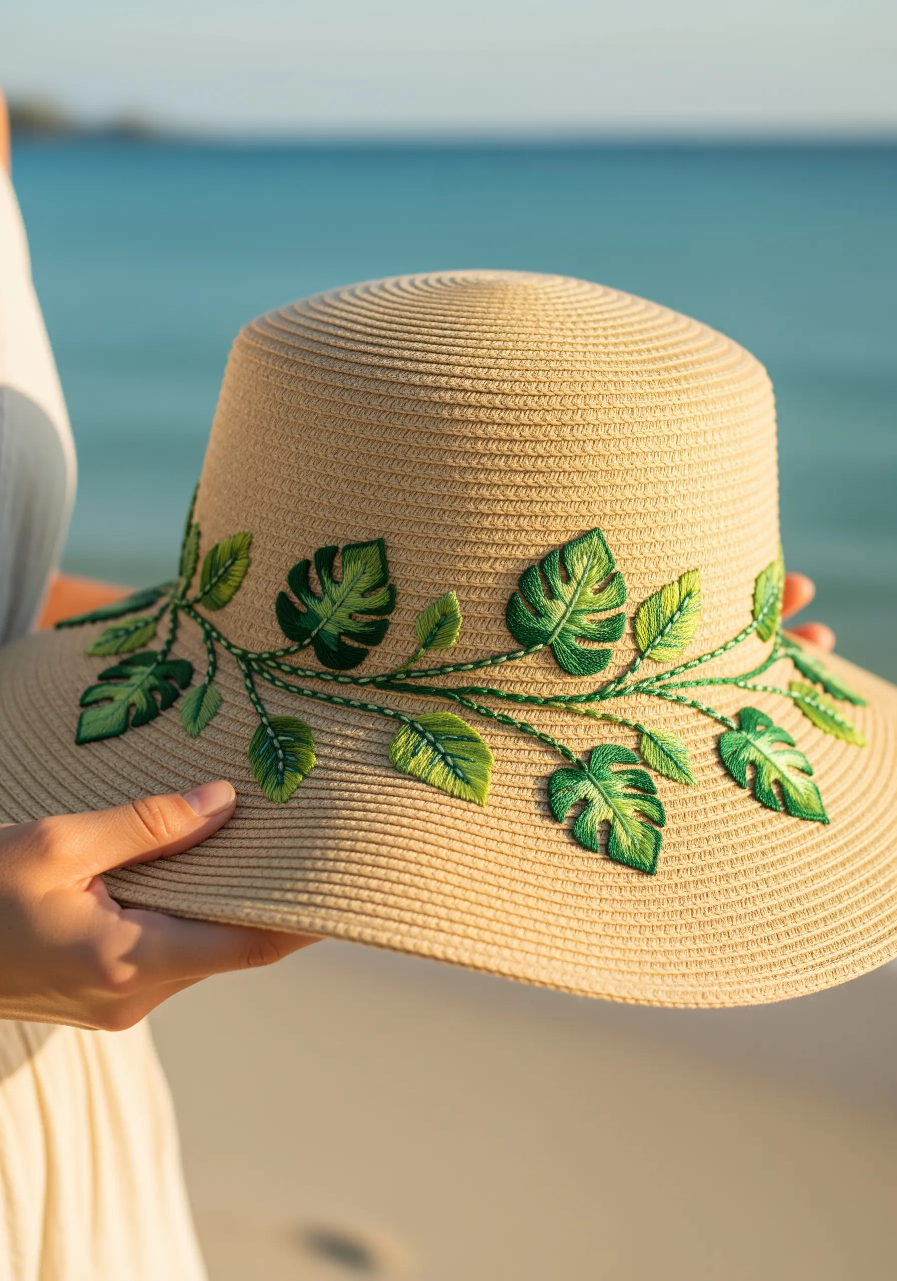A vine of green embroidered monstera leaves wrapping around the crown of a straw sun hat.