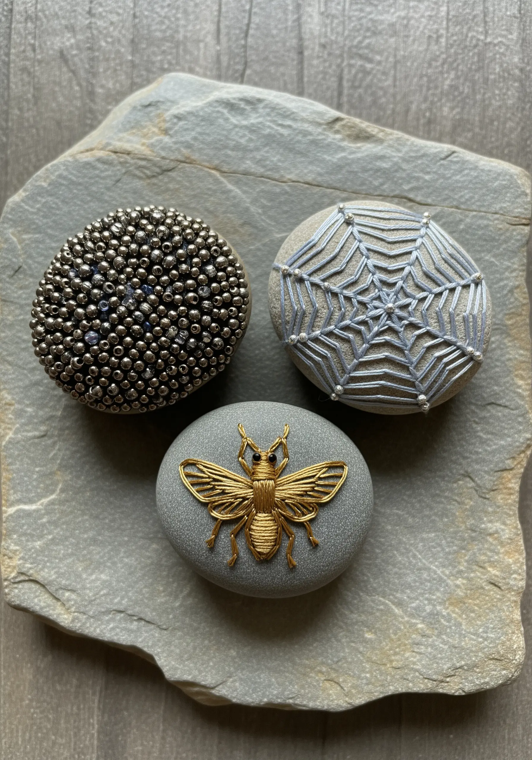 Three smooth stones decorated with intricate beading, silver thread, and a gold bee.