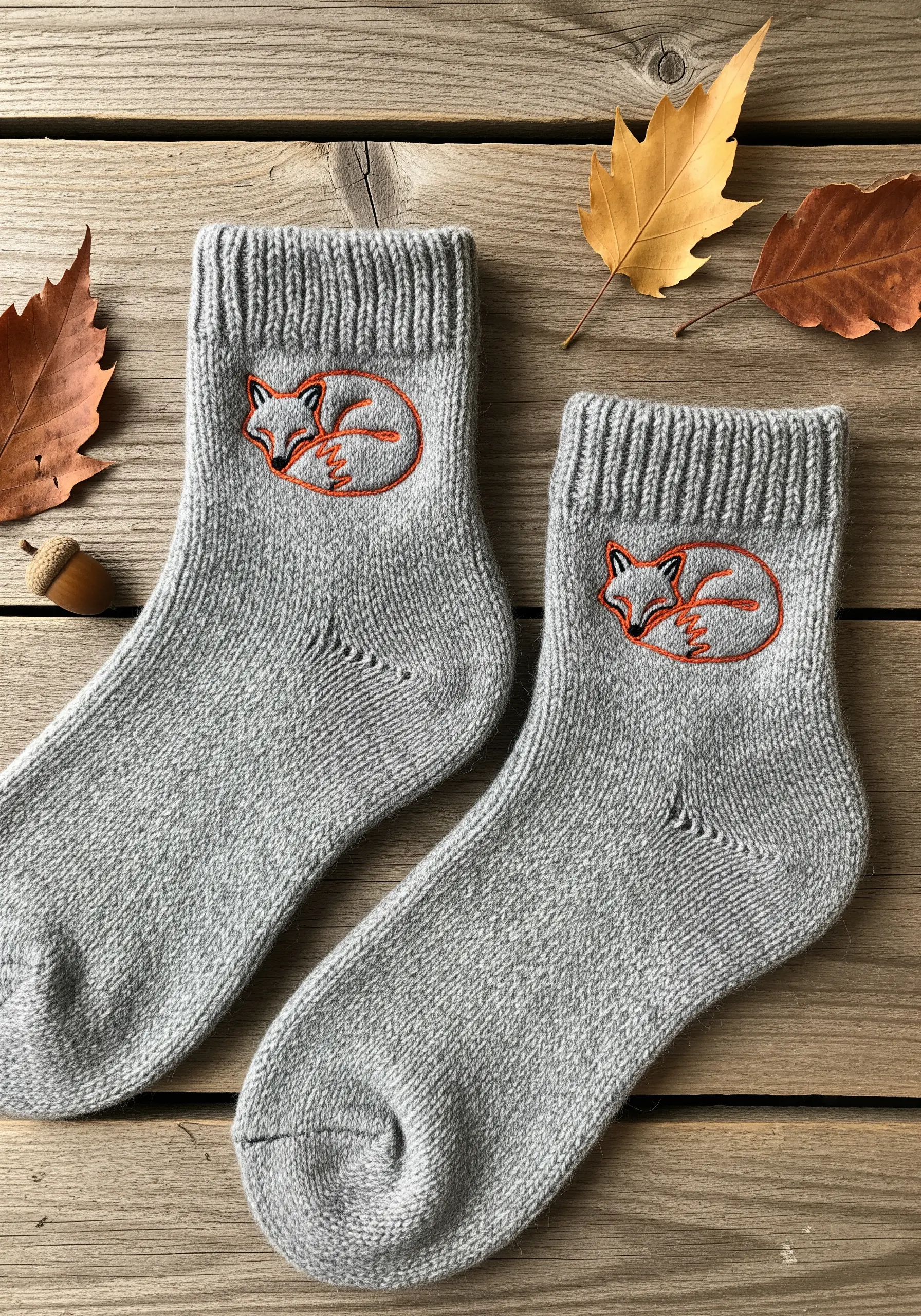 A small, sleeping fox embroidered in orange thread on the ankle of a grey sock.