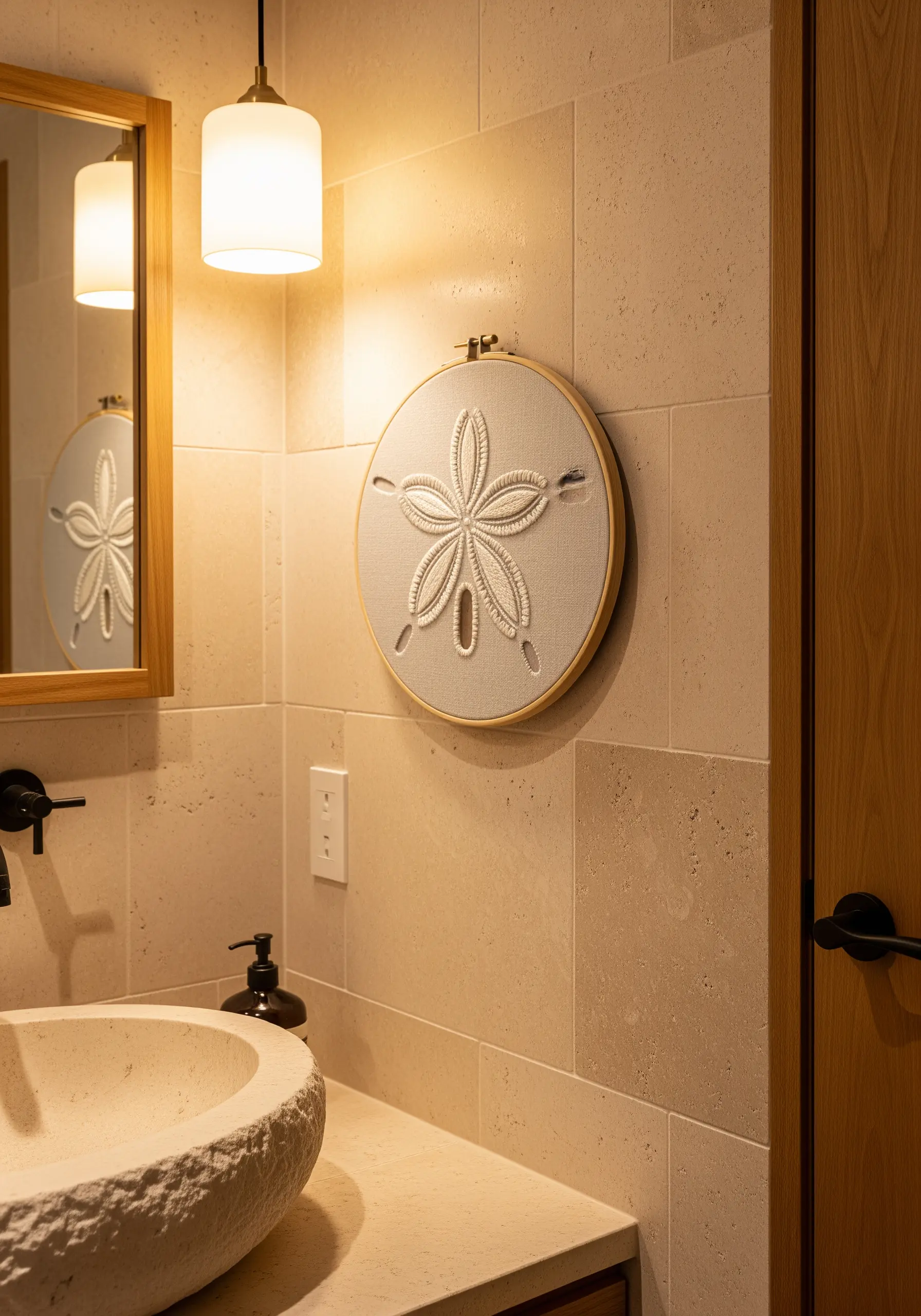 A sand dollar embroidered in a hoop using raised white stitches on light grey fabric.