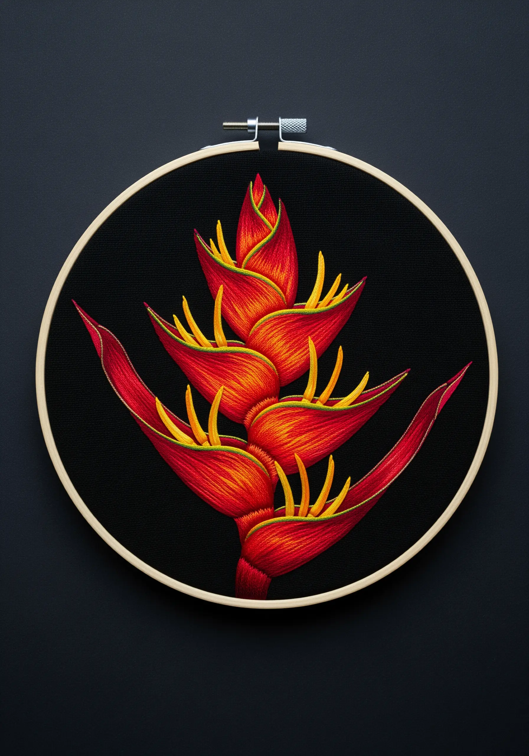 Thread-painted heliconia flower with vibrant red-orange gradients and lime green outlines.