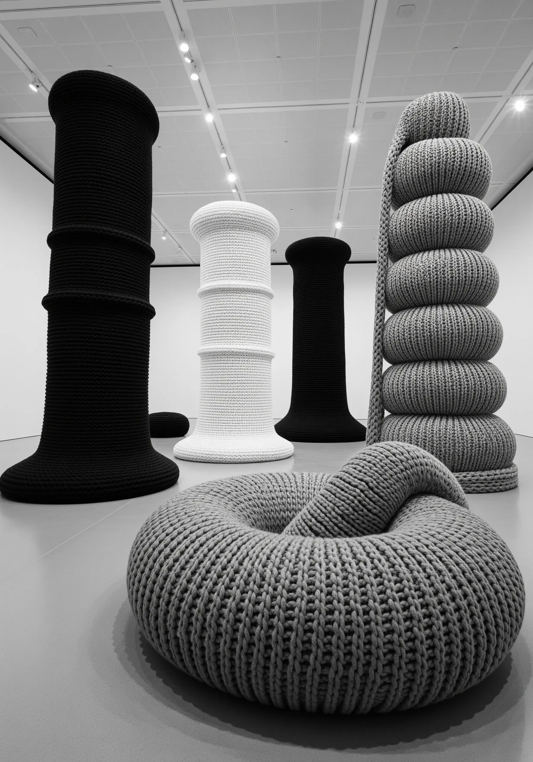 Large, abstract knitted sculptures in black, white, and gray, focusing on ribbed textures and shapes.