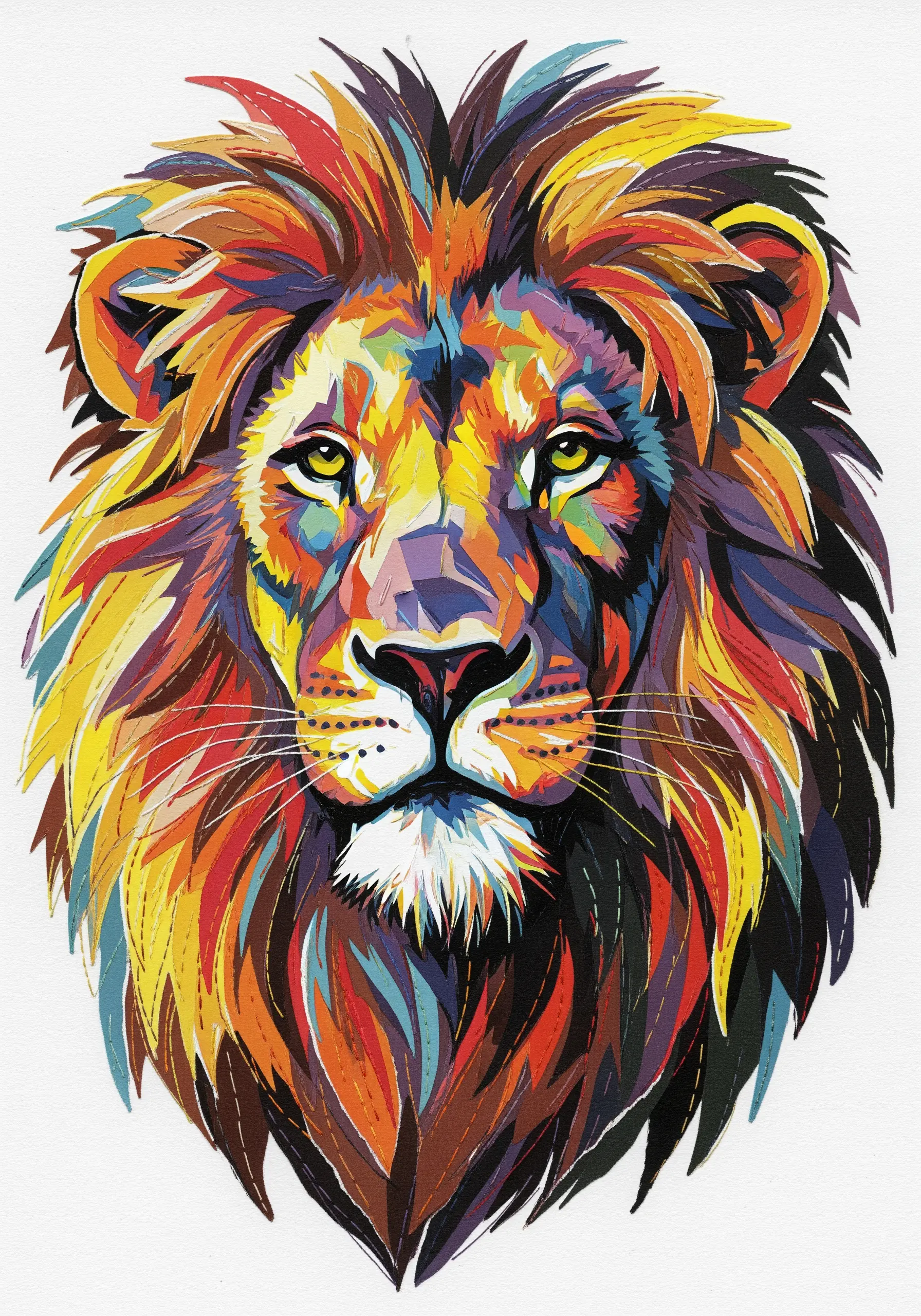 A vibrant, colorful paper collage portrait of a lion with subtle embroidery stitches in its mane.