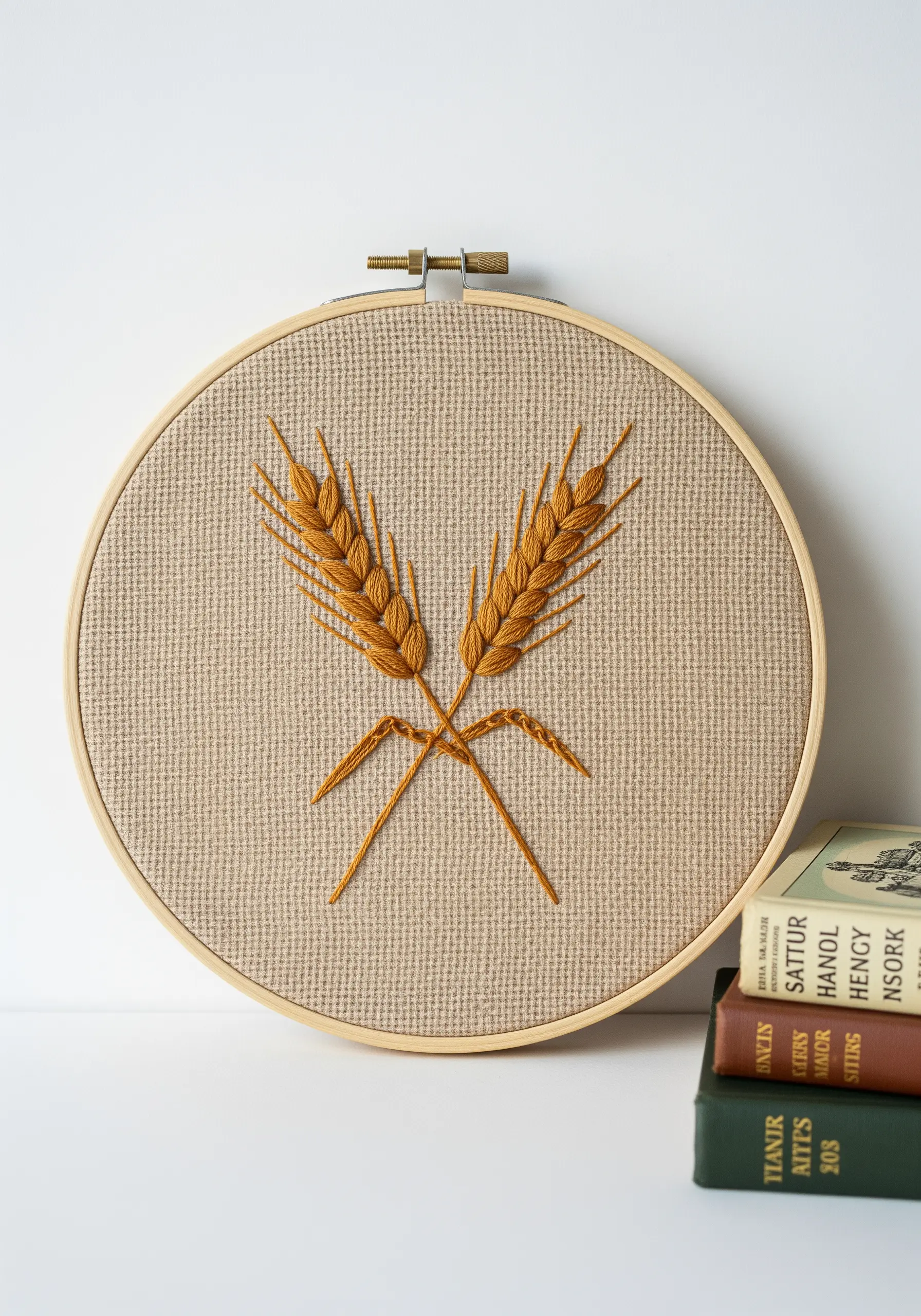 Embroidery of two crossed wheat stalks in golden thread on textured burlap-like fabric.