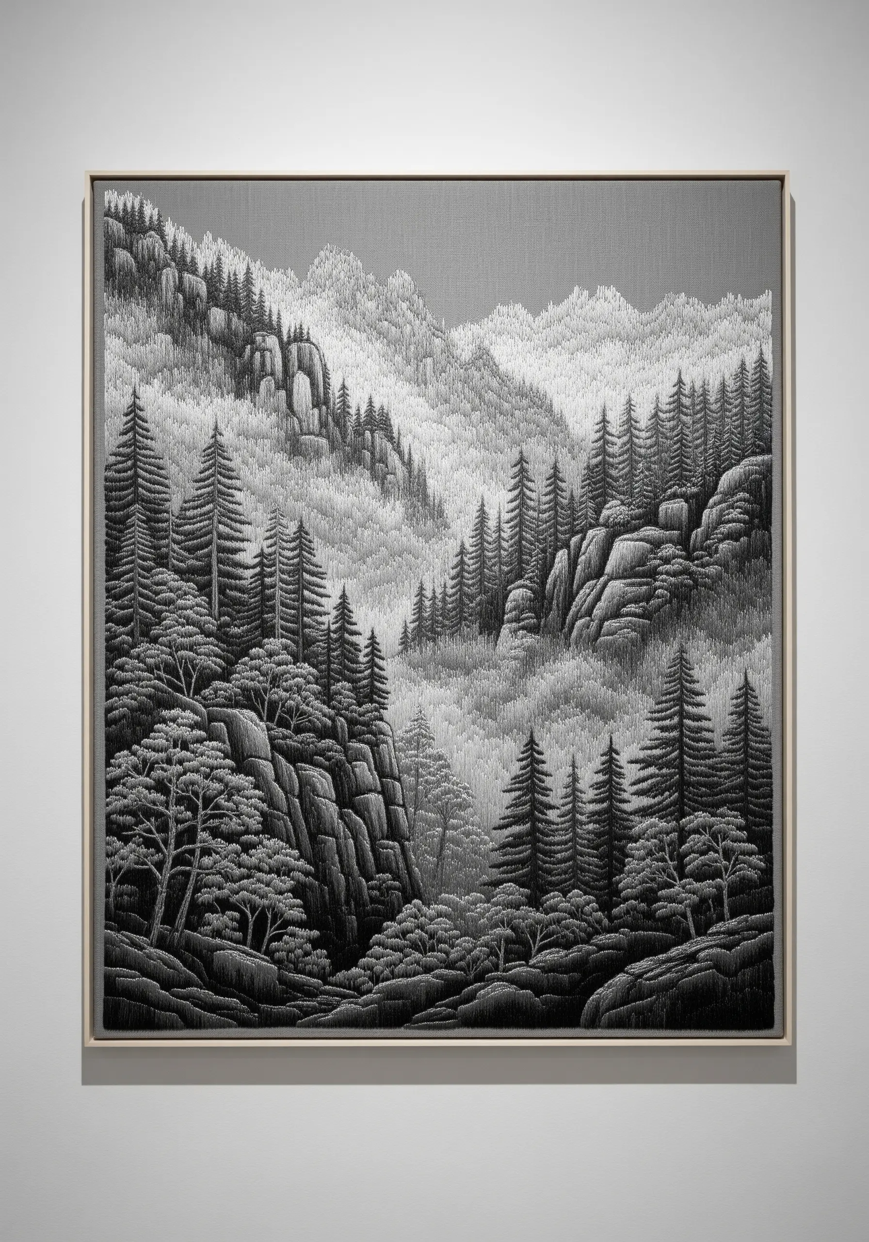 Detailed black and white monochrome embroidery of a dense mountain forest landscape.