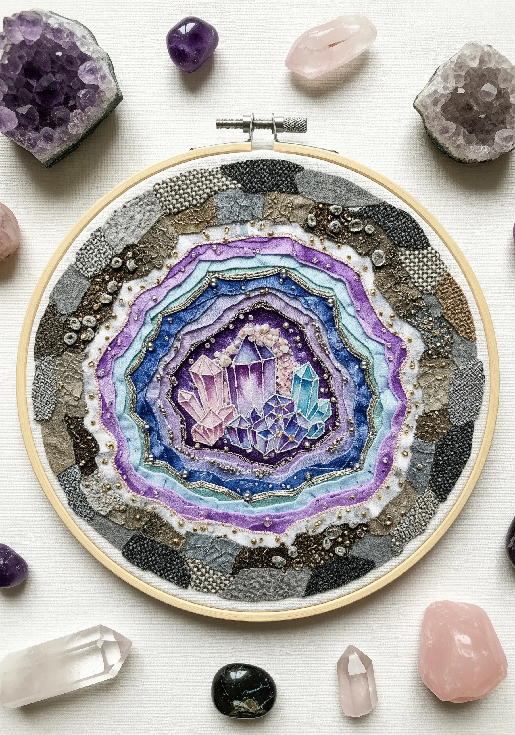 A fabric collage geode with layered textiles, metallic thread, and crystal beads in the center.