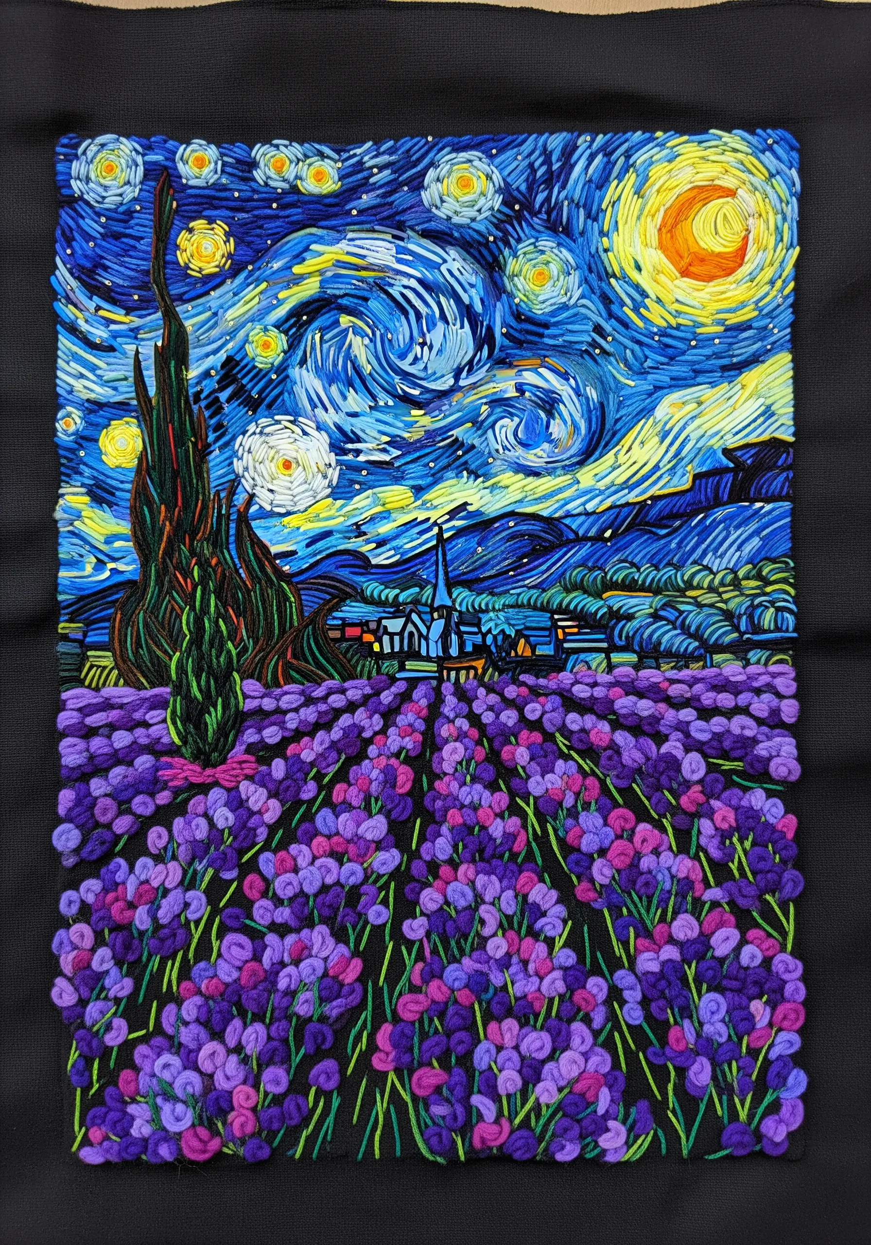 A vibrant embroidery interpretation of Van Gogh's Starry Night over a lavender field.