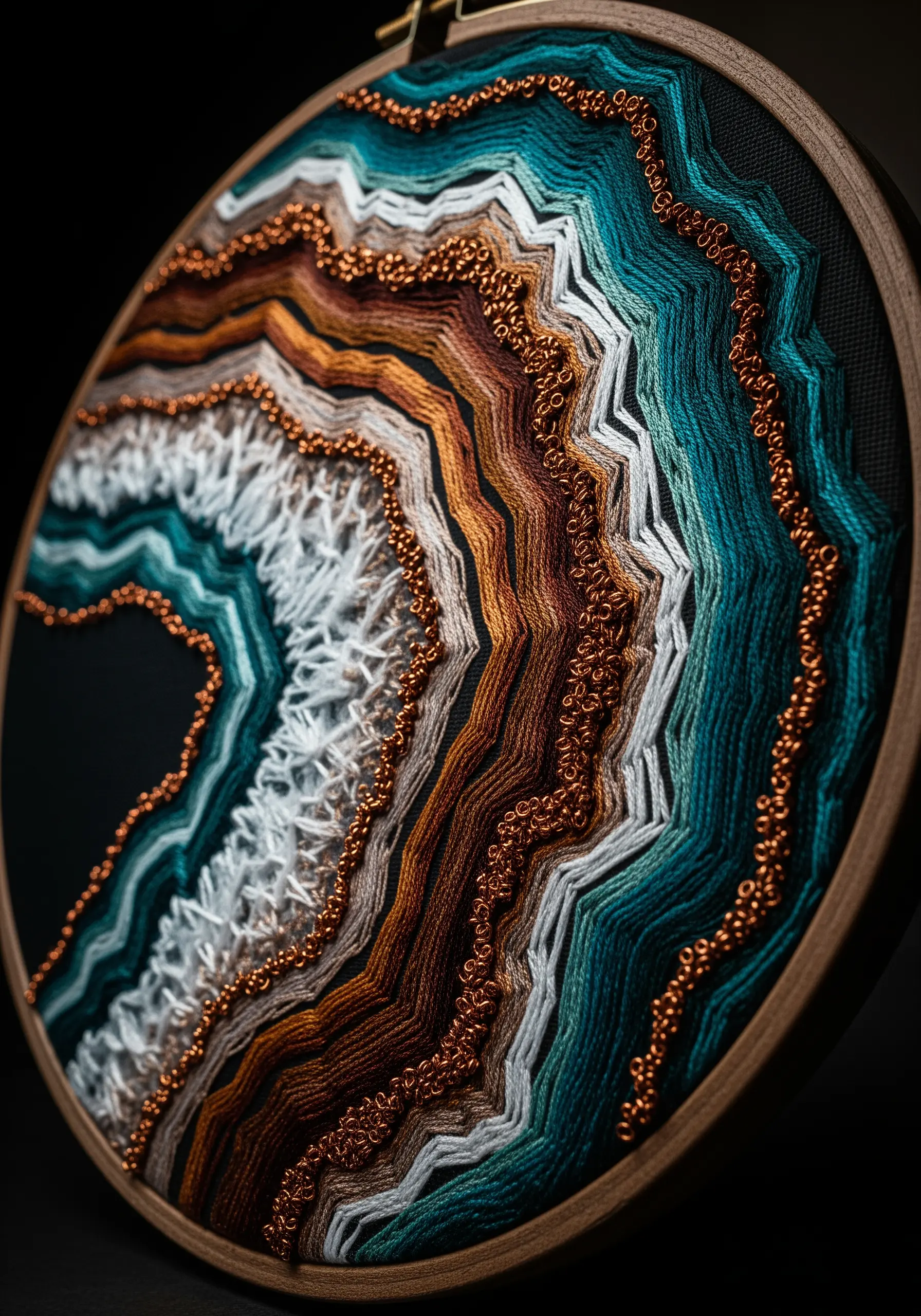 Abstract embroidery hoop art mimicking an agate geode with concentric rings and beadwork.