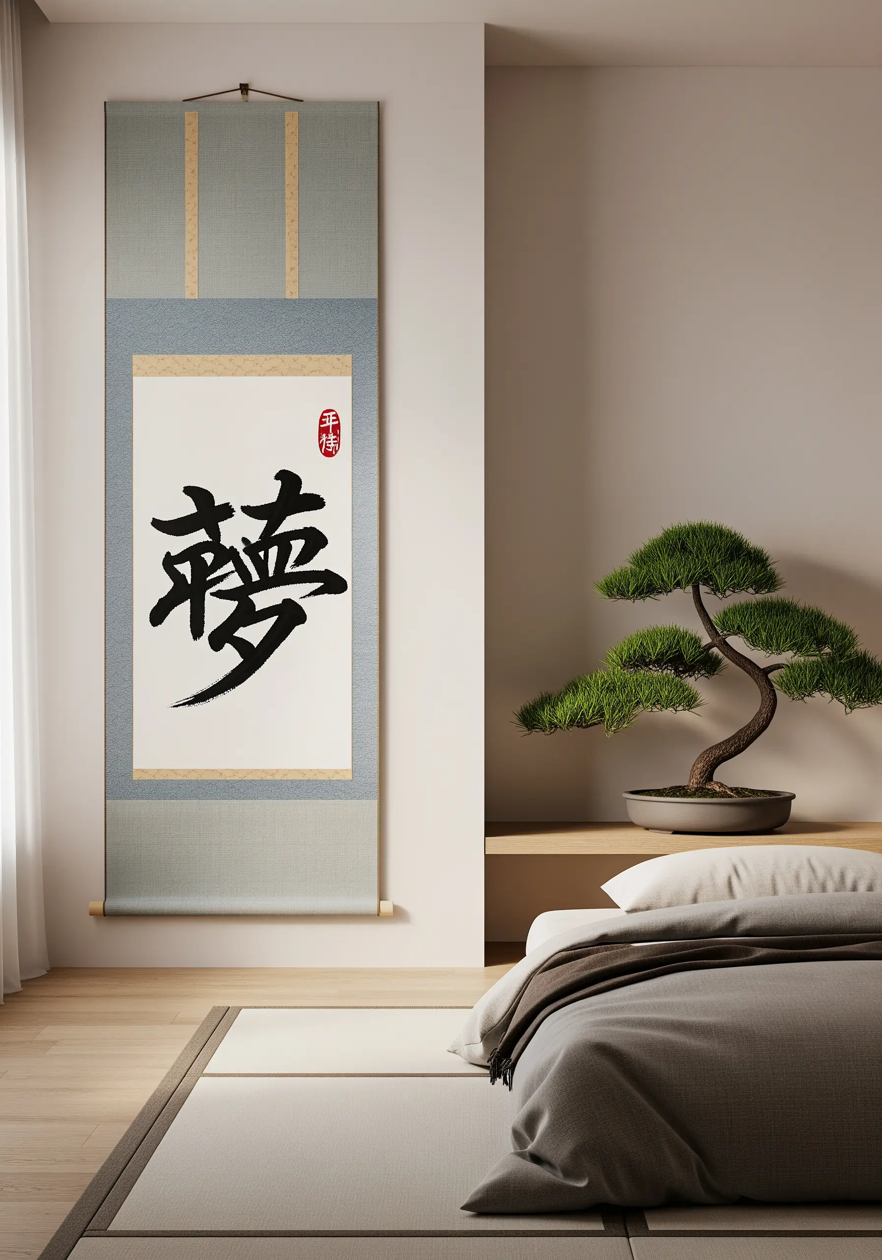 A Japanese-style wall scroll with a large, embroidered calligraphy character.