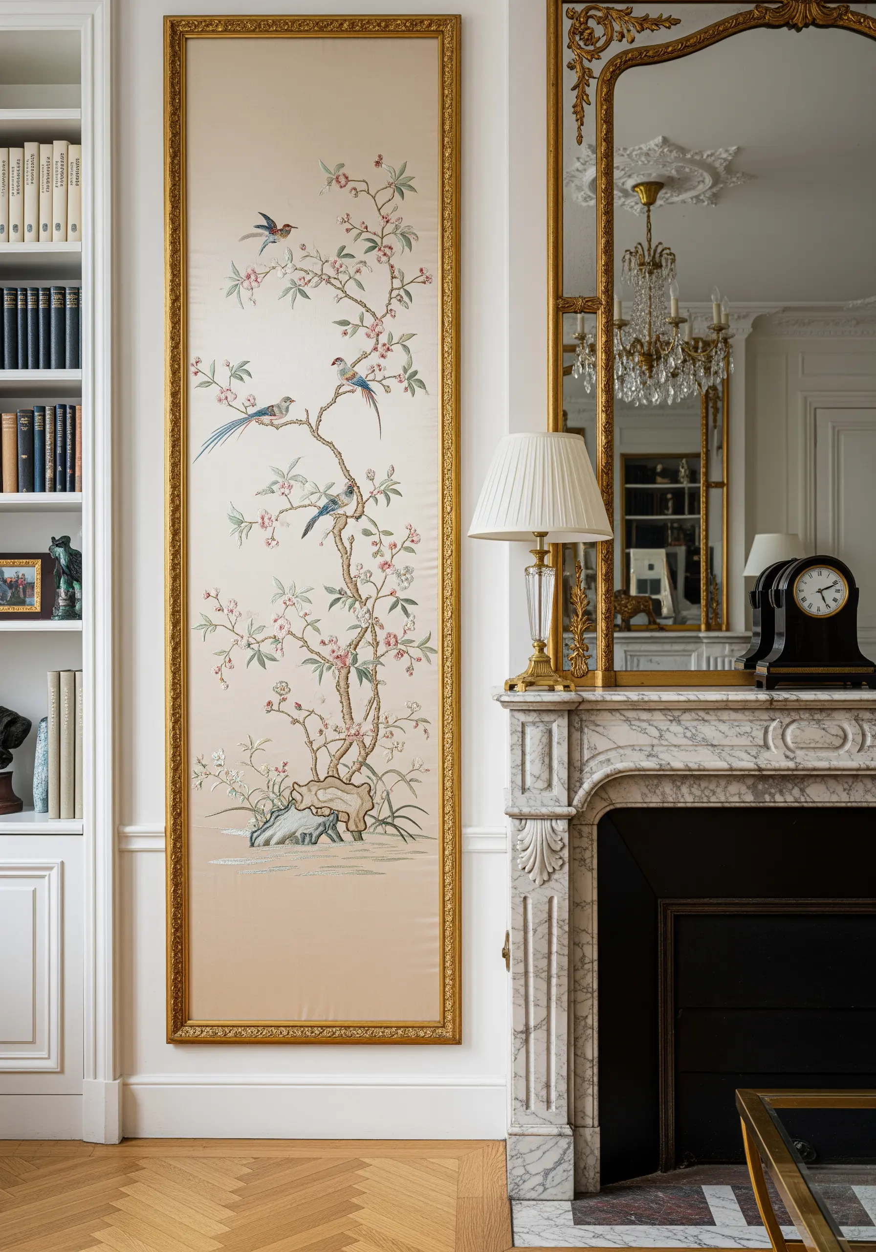 A tall, narrow framed silk panel embroidered with a delicate Chinoiserie scene of birds on a branch