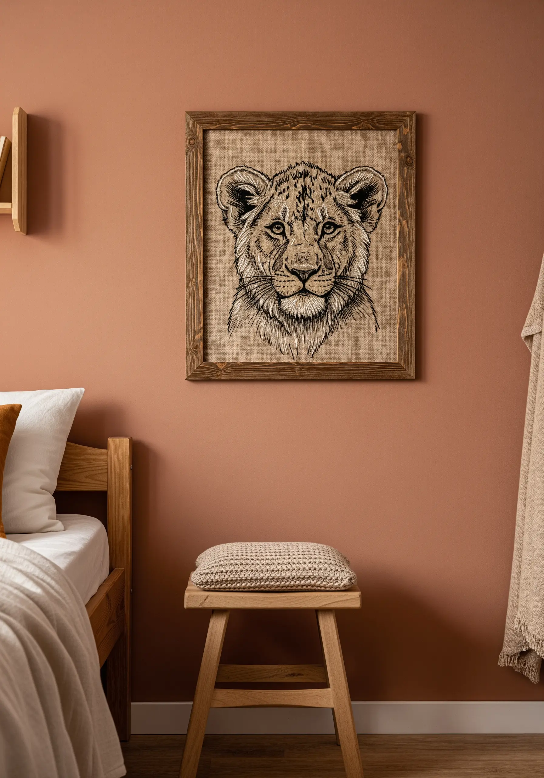 A highly detailed, engraving-style embroidery of a lion cub's face, framed in dark wood on a terracotta wall.