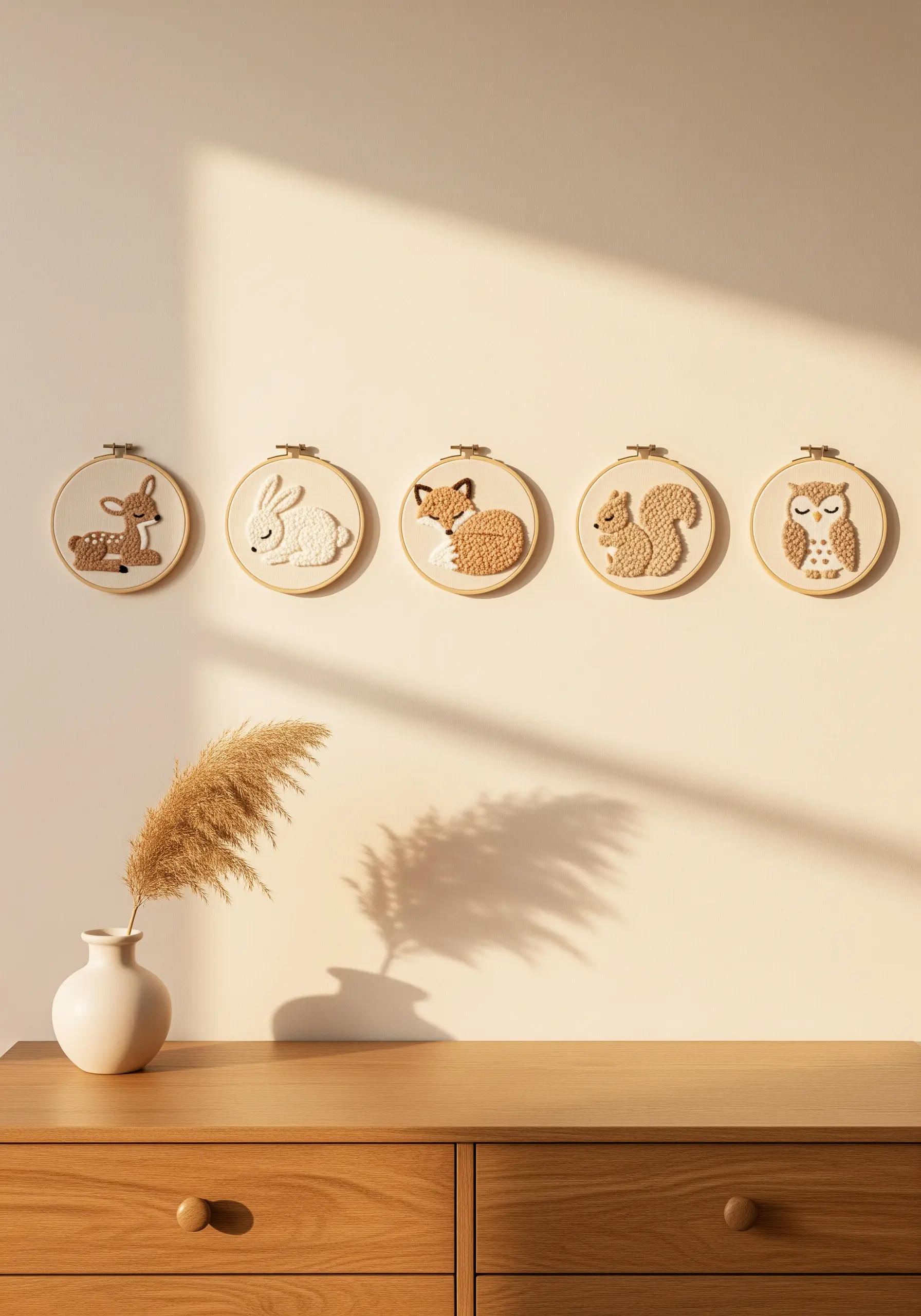 A row of five embroidery hoops featuring woodland animals with plush, fur-like textures