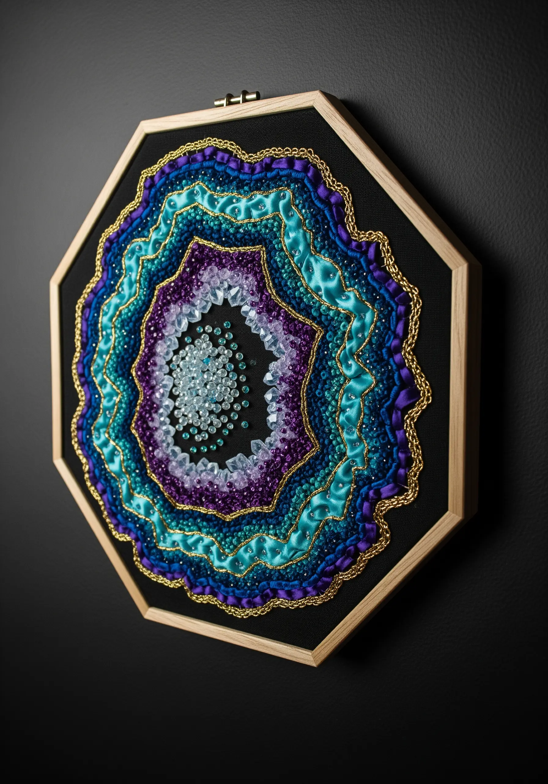 An embroidered geode in an octagonal hoop, using beads, ribbon, and metallic thread.