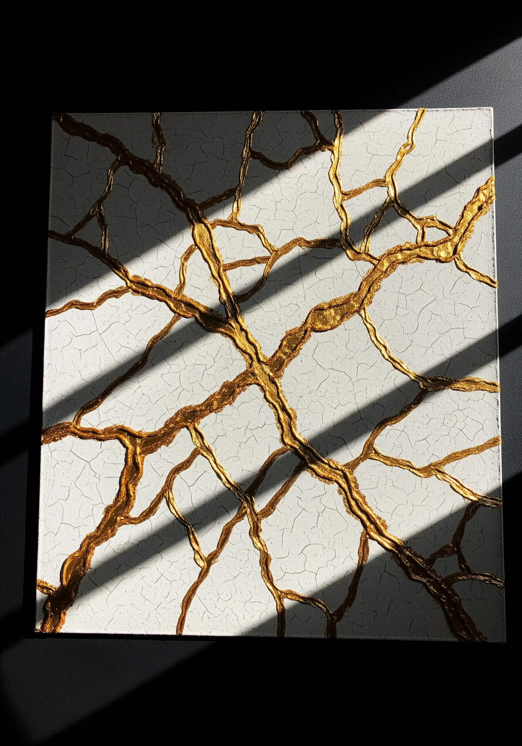 Gold metallic thread couched over a white crackled surface, resembling Japanese Kintsugi.