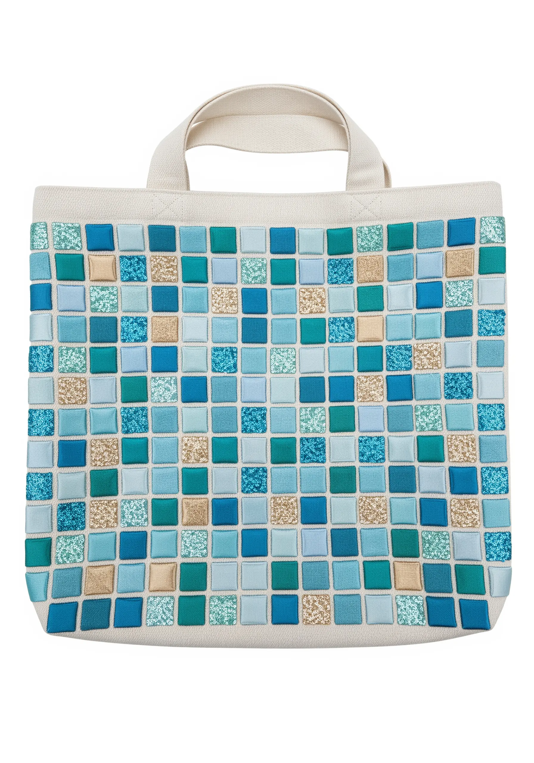 A mosaic of padded satin stitch squares in shades of blue, teal, and gold