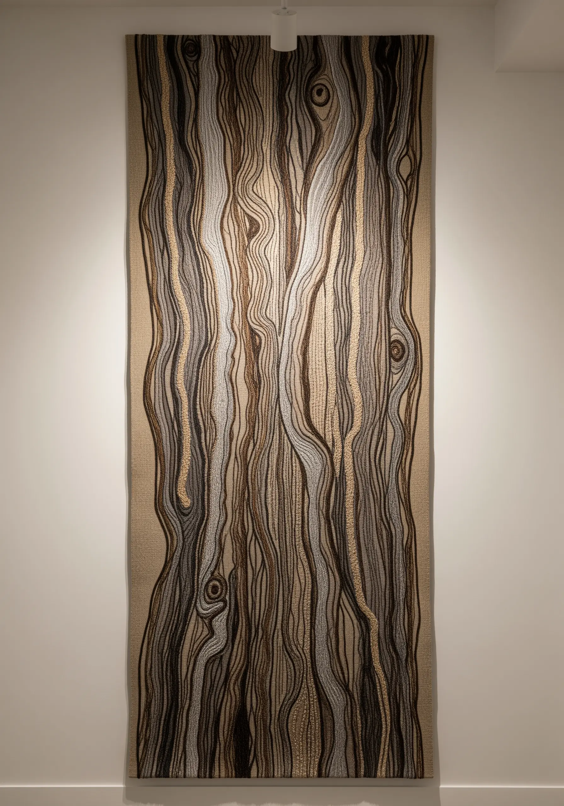 A large, abstract wall hanging mimicking tree bark with free-form vertical stitches.