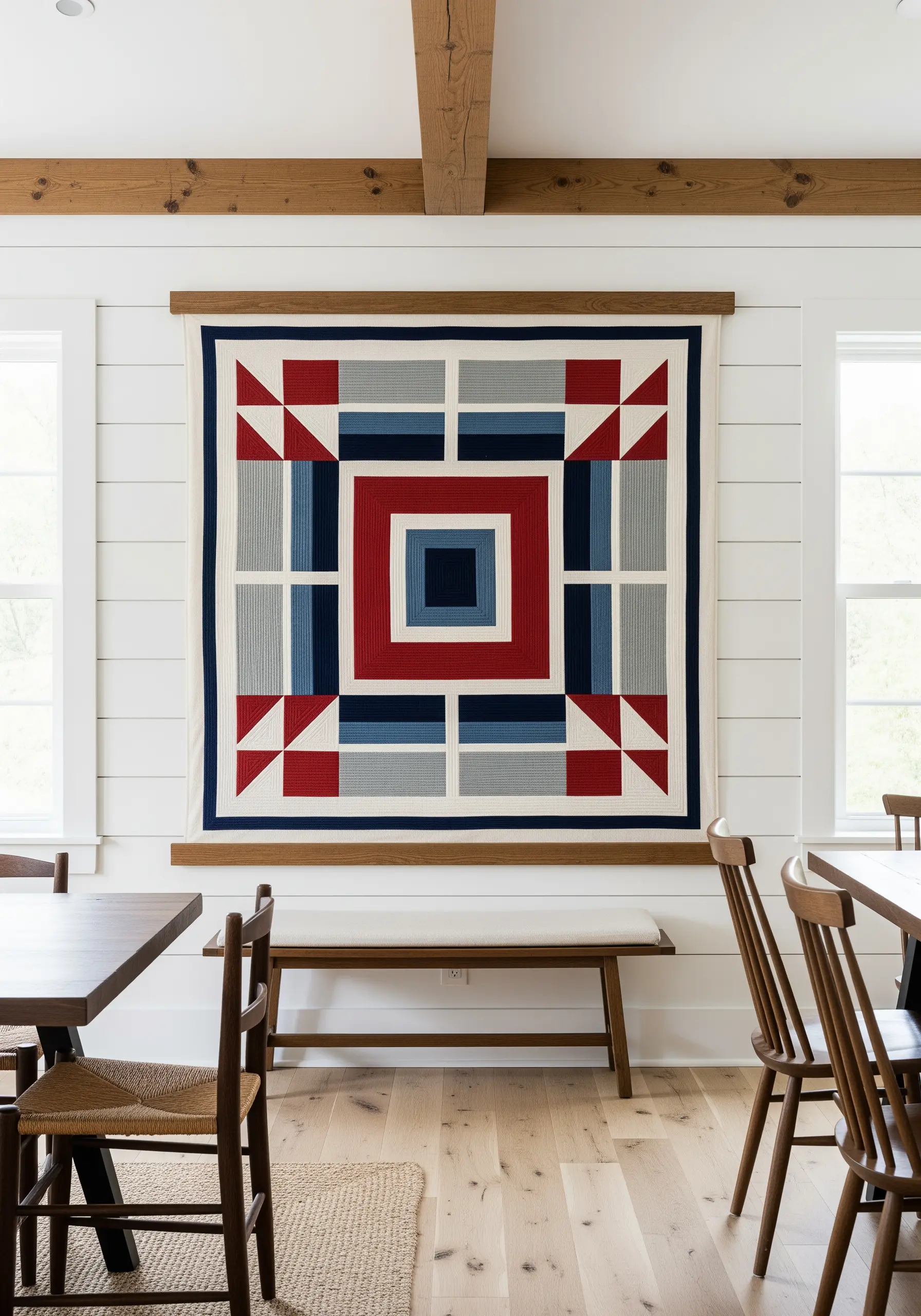 A large, quilt-like embroidered wall hanging with geometric blocks in red, white, and blue.