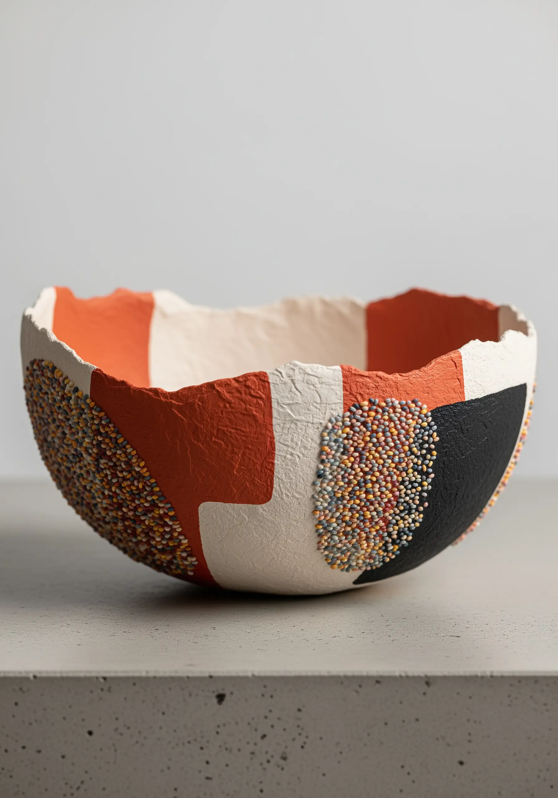 A paper-mache bowl decorated with color blocks and dense seed bead mosaics.