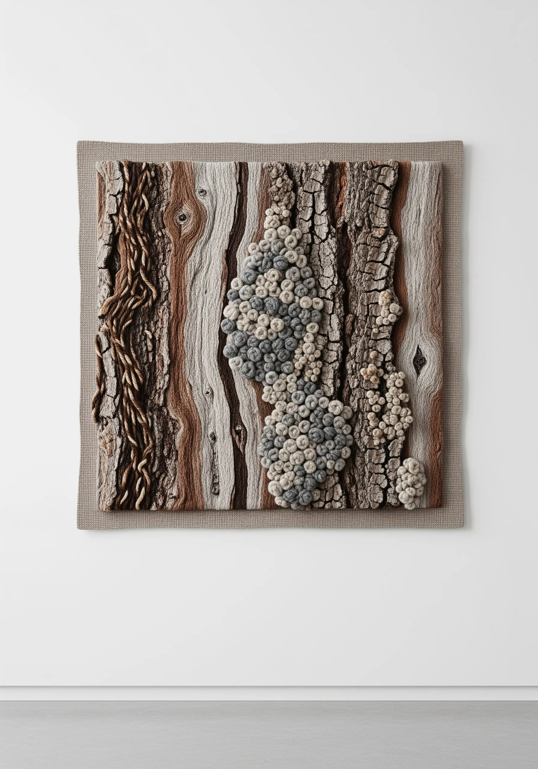 A textile art piece mimicking tree bark with long stitches and knotted textures.