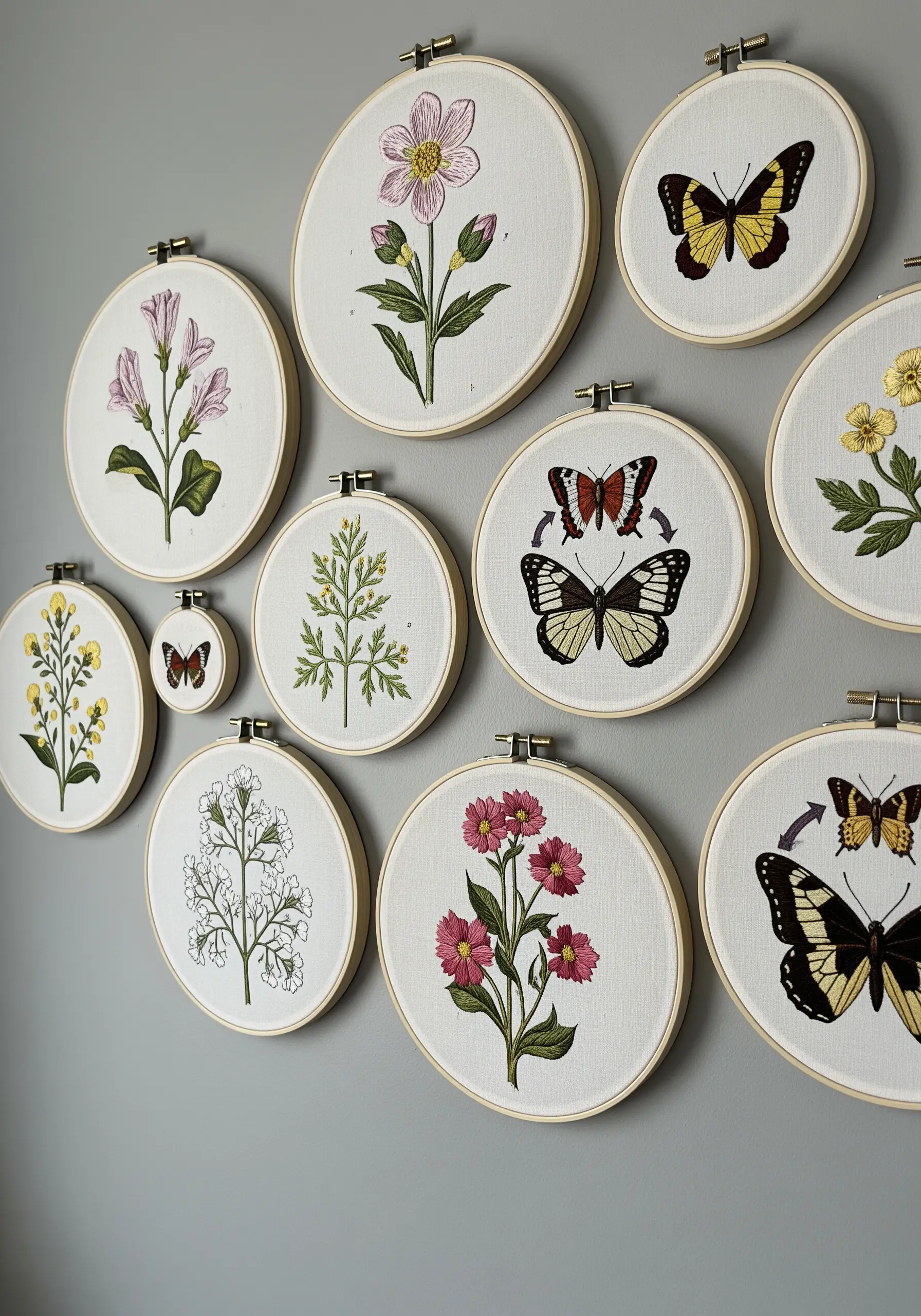A gallery wall of embroidery hoops featuring vintage-style illustrations of botanicals and butterflies.