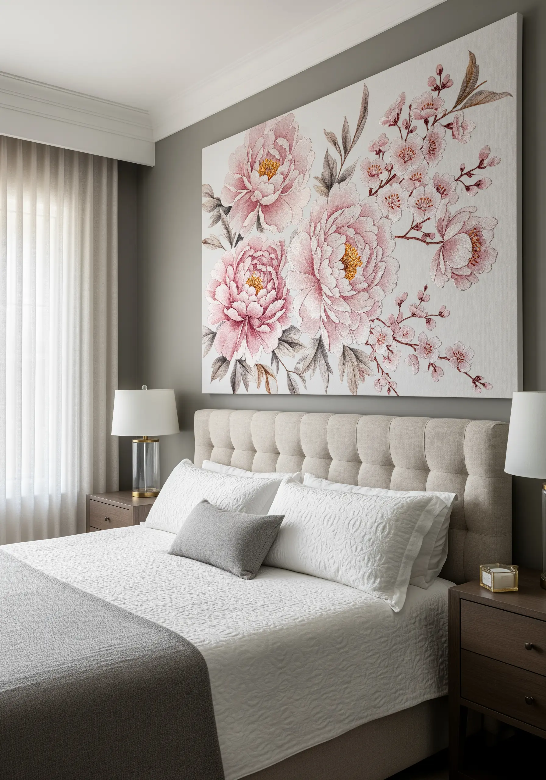 Large-scale thread painting of soft pink peonies and cherry blossoms on white canvas.