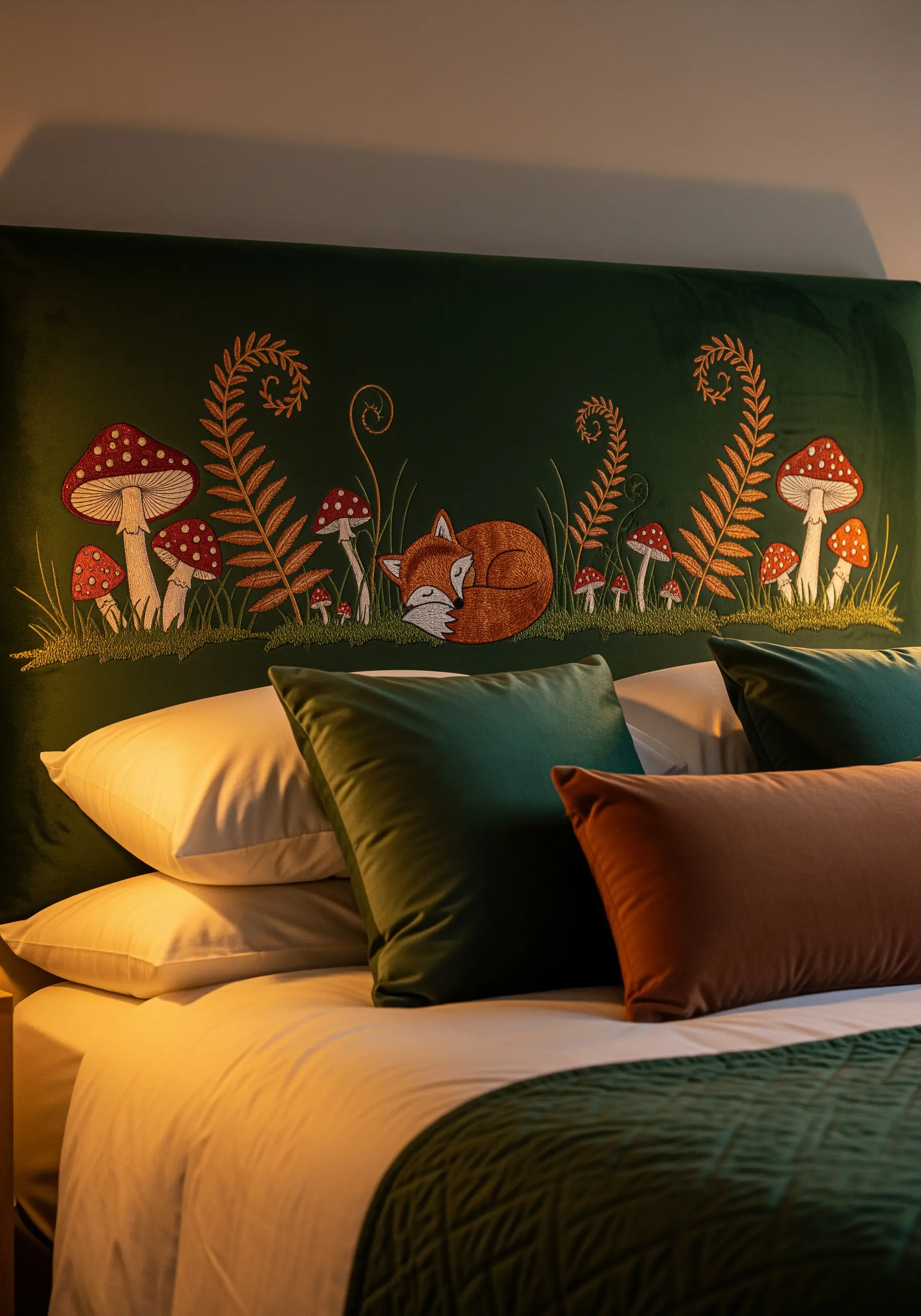A sleeping fox surrounded by mushrooms and ferns embroidered on a dark green velvet headboard.
