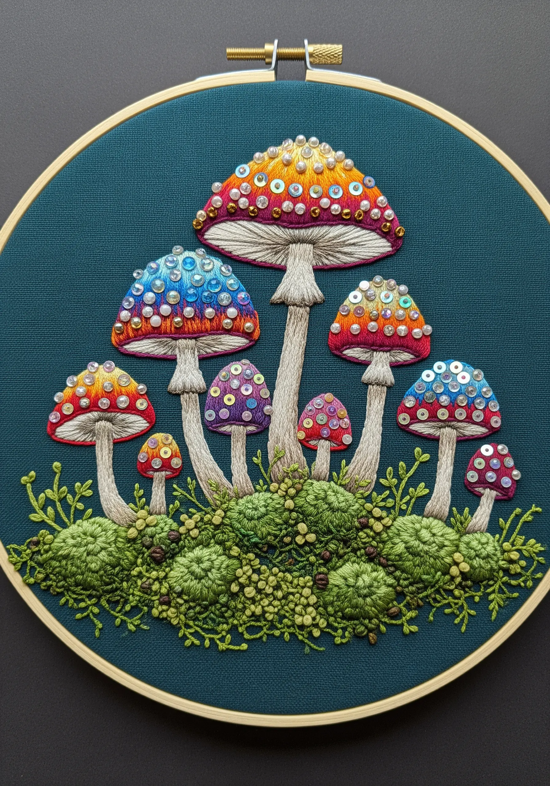 A cluster of colorful embroidered mushrooms on dark fabric, embellished with iridescent sequins.