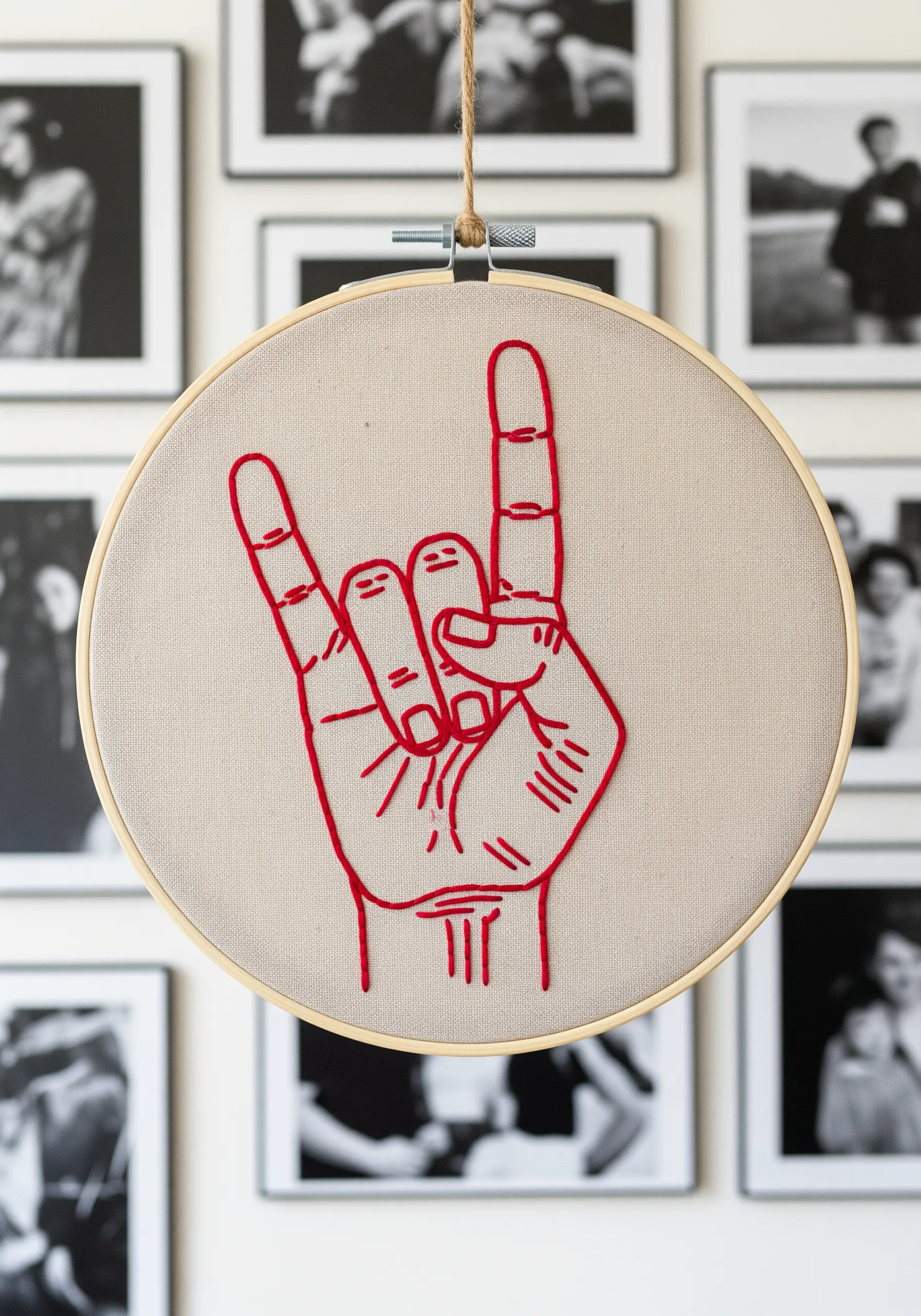 A 'rock on' hand gesture outlined in a textured, vibrant red satin stitch.