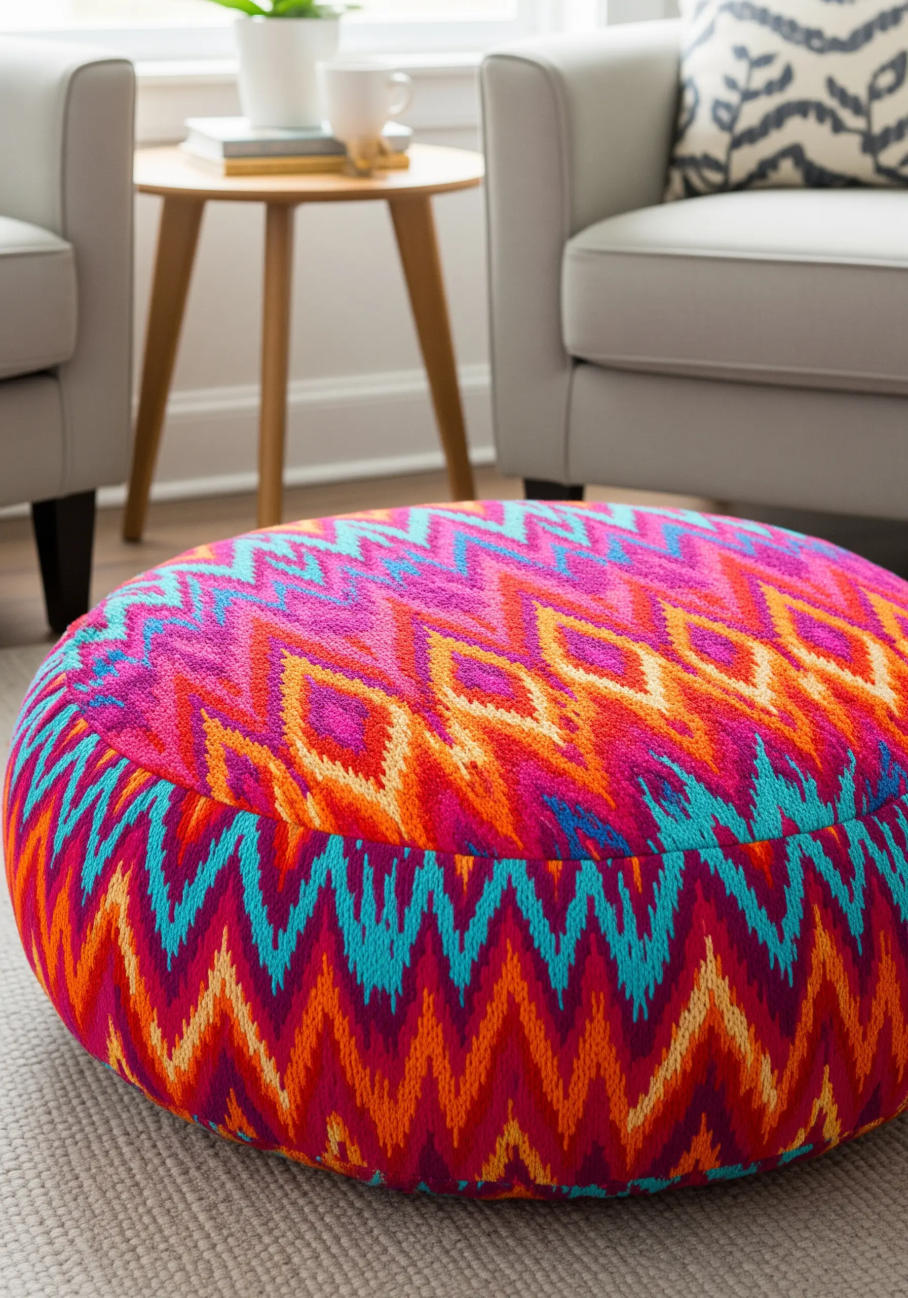 A round floor pouf covered in a vibrant, geometric embroidery pattern in pink and blue