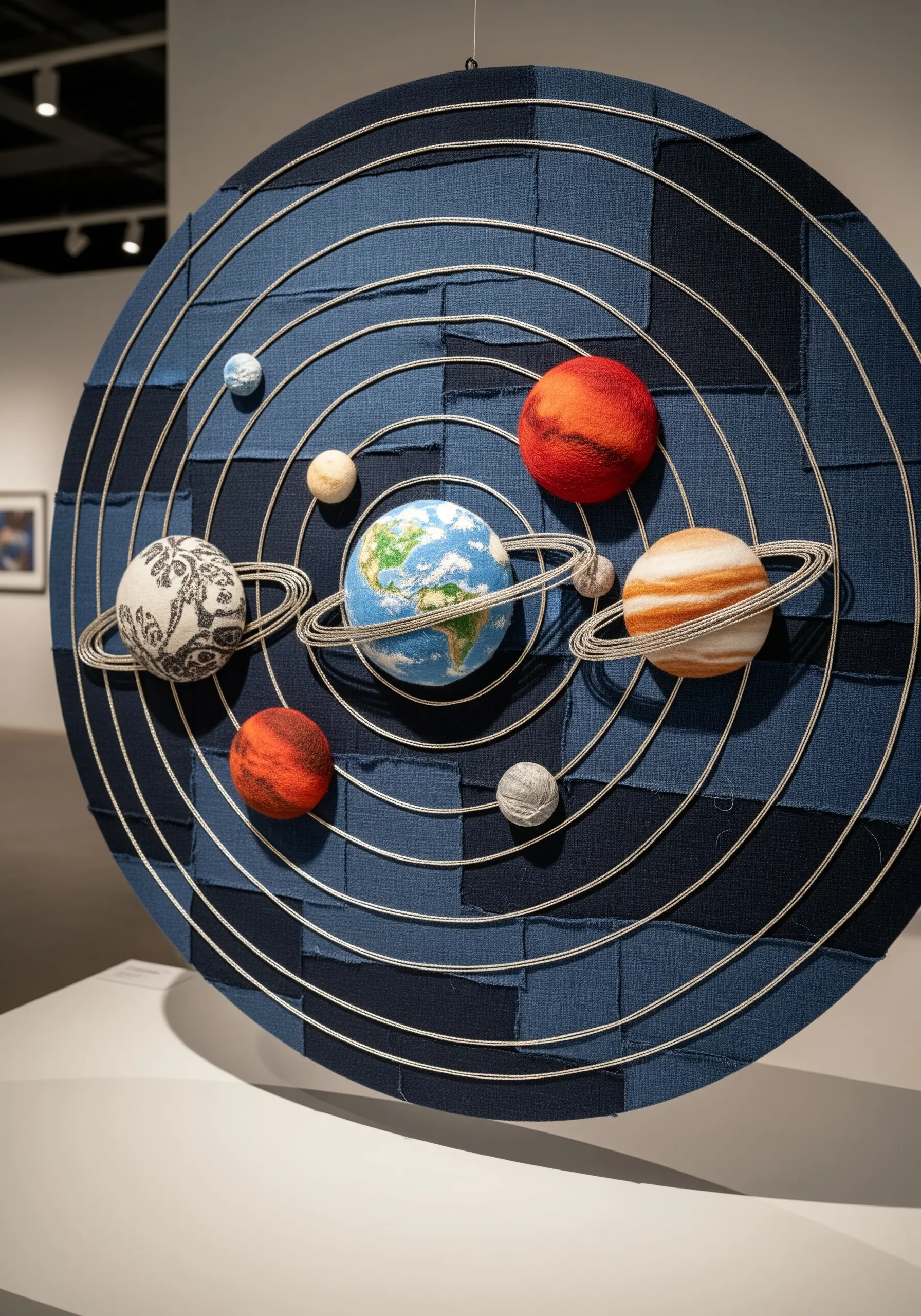 A 3D model of the solar system made with fabric-covered planets and wire orbits on a grid background