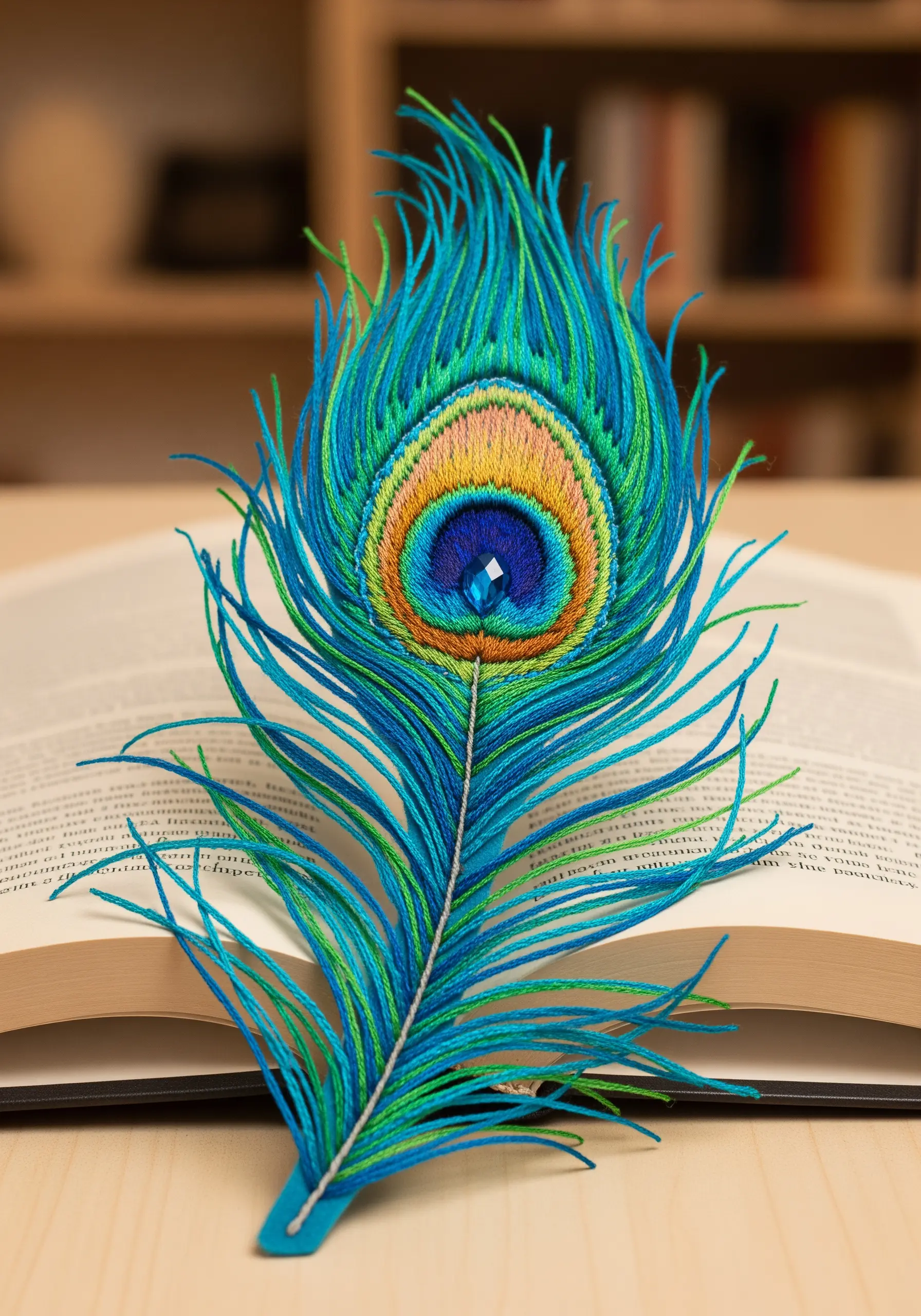 A hyper-realistic embroidered peacock feather with a blue gem at its center, used as a bookmark.