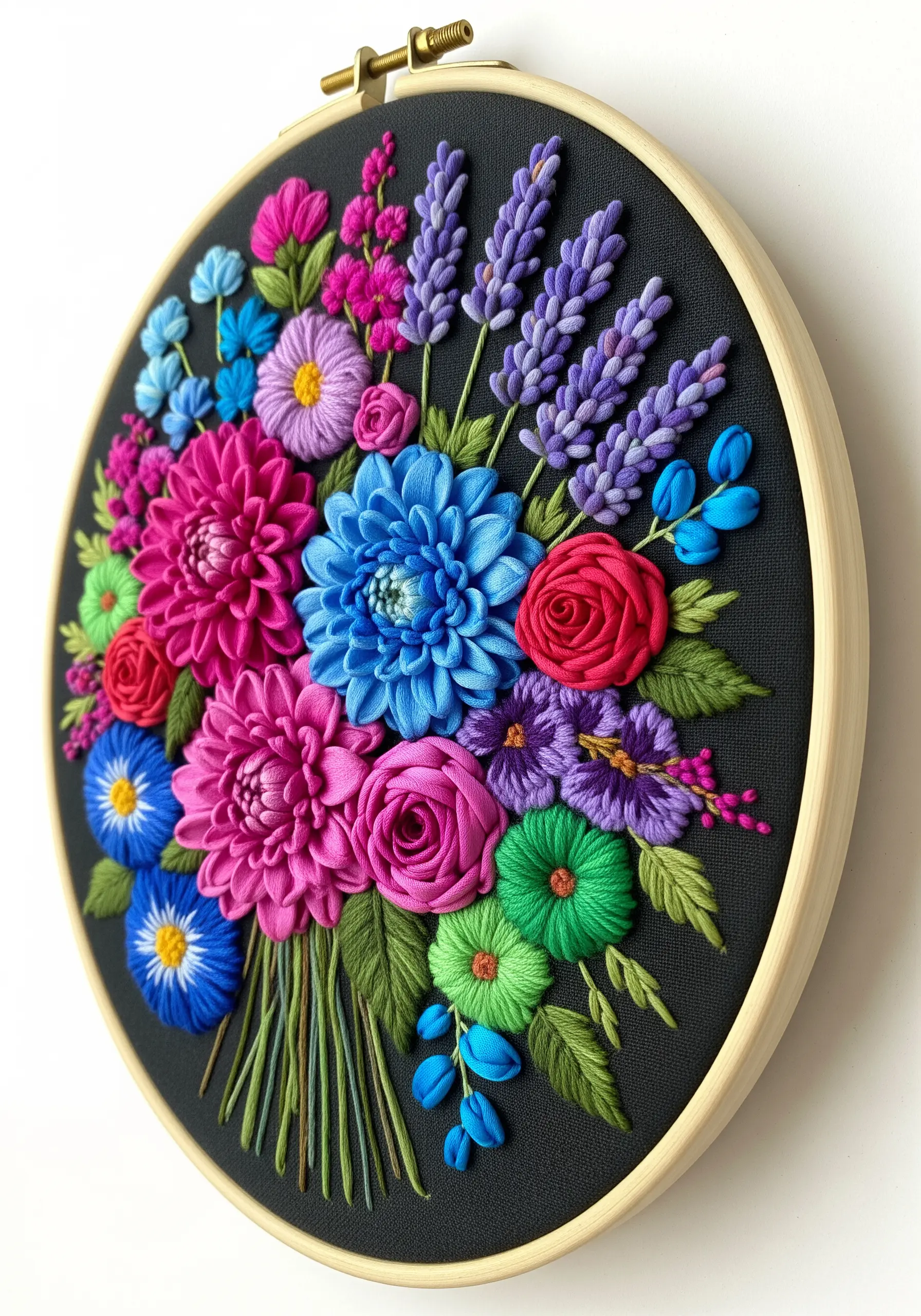 Vibrant 3D ribbon embroidery bouquet on black fabric.