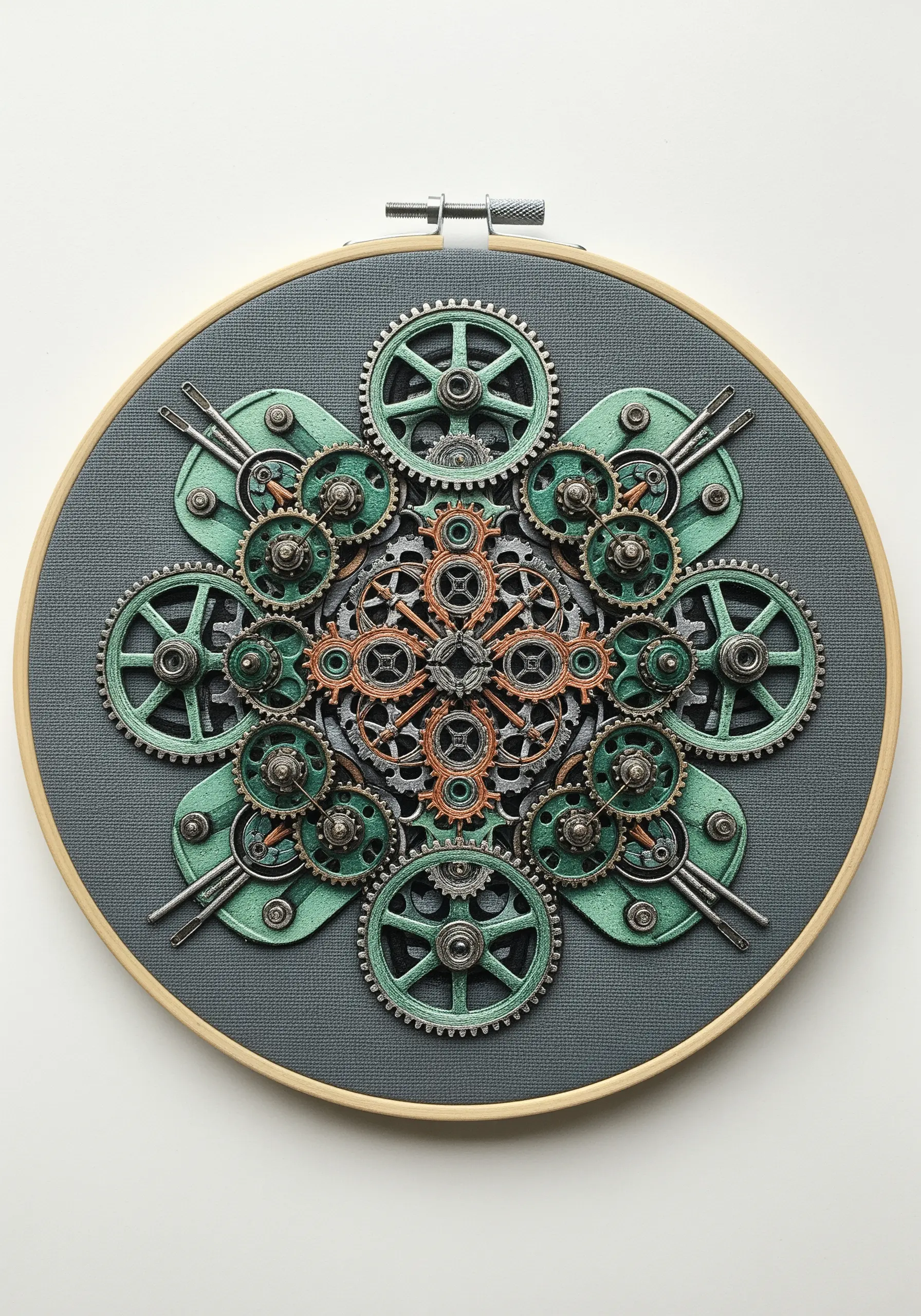 An intricate mandala made of embroidered steampunk gears in shades of green, grey, and copper.