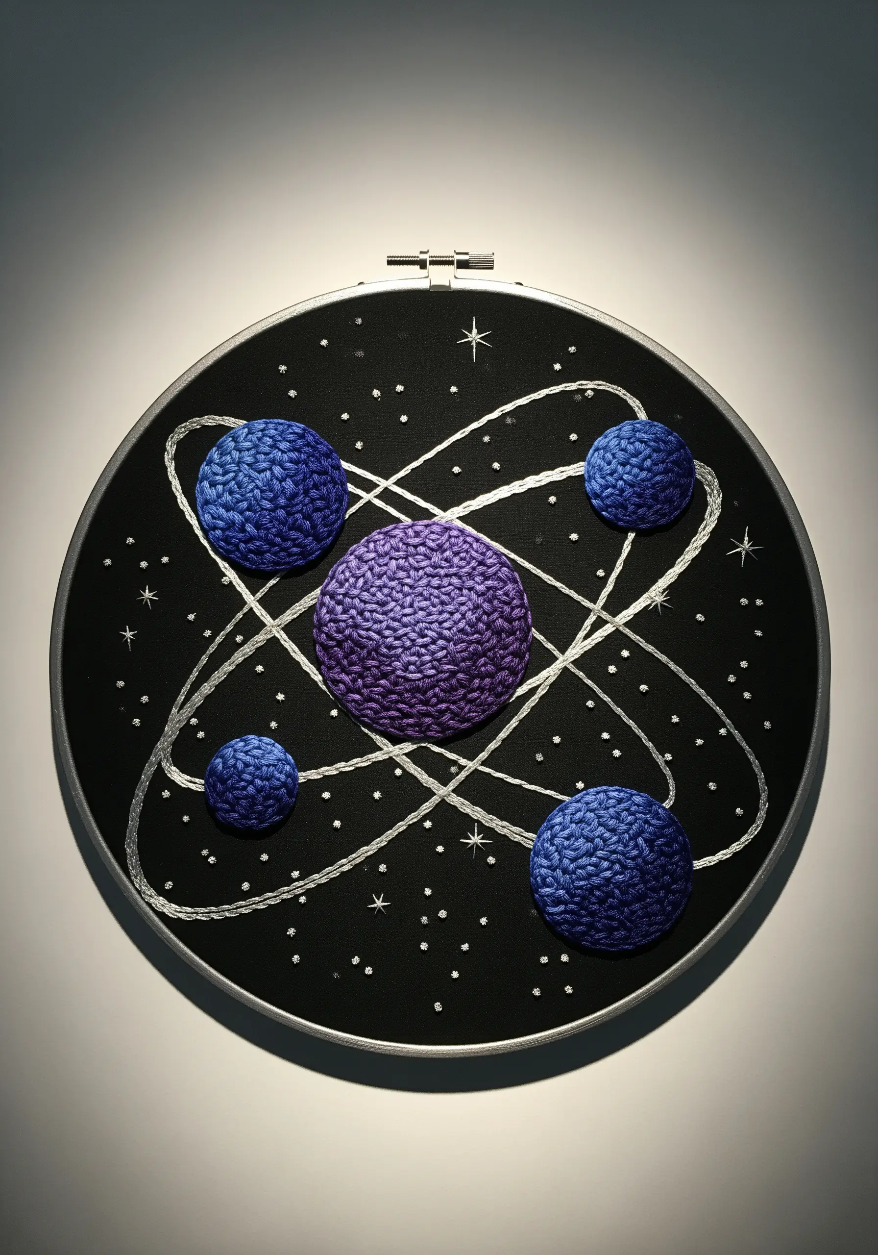 Embroidered planets with raised texture orbit on a black fabric background with stitched stars.