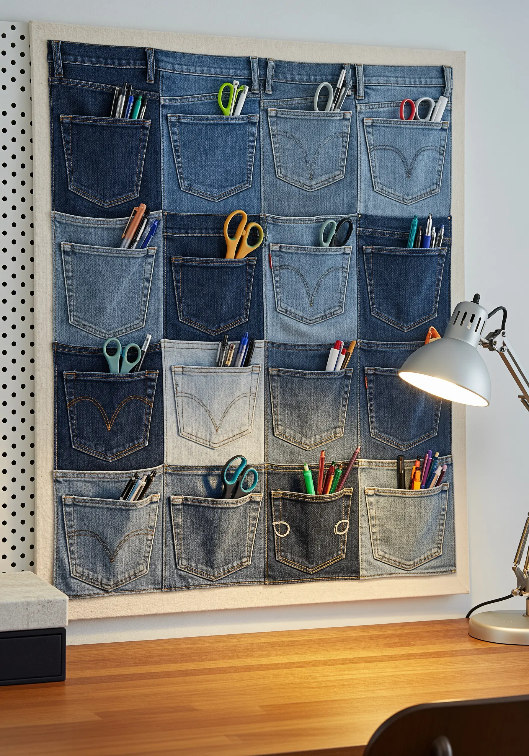 A wall organizer made from multiple upcycled denim pockets mounted on canvas.
