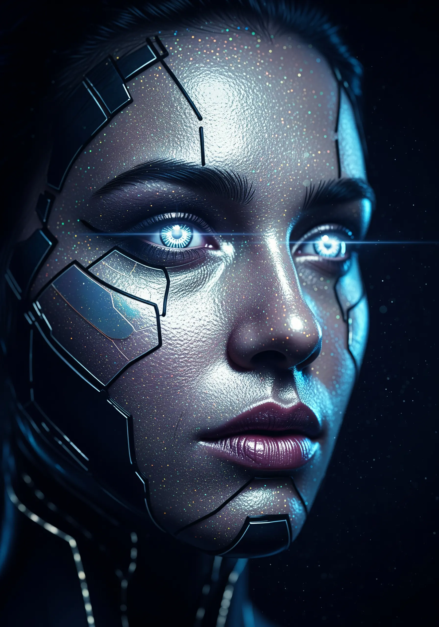 A futuristic embroidered portrait of a cyborg woman with metallic skin and glowing eyes.