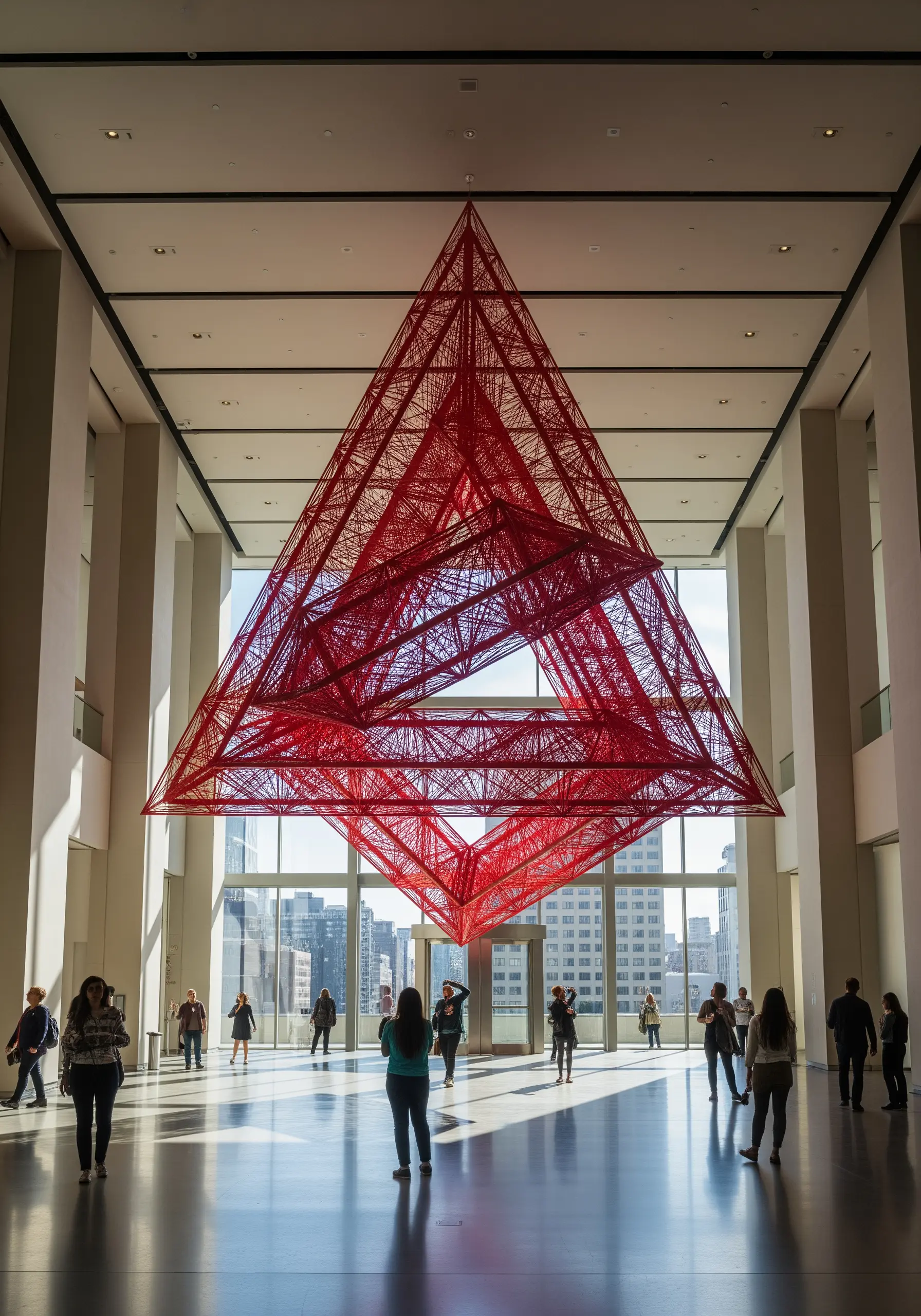 A massive, intricate red pyramid made of stretched thread hangs in a modern museum lobby.