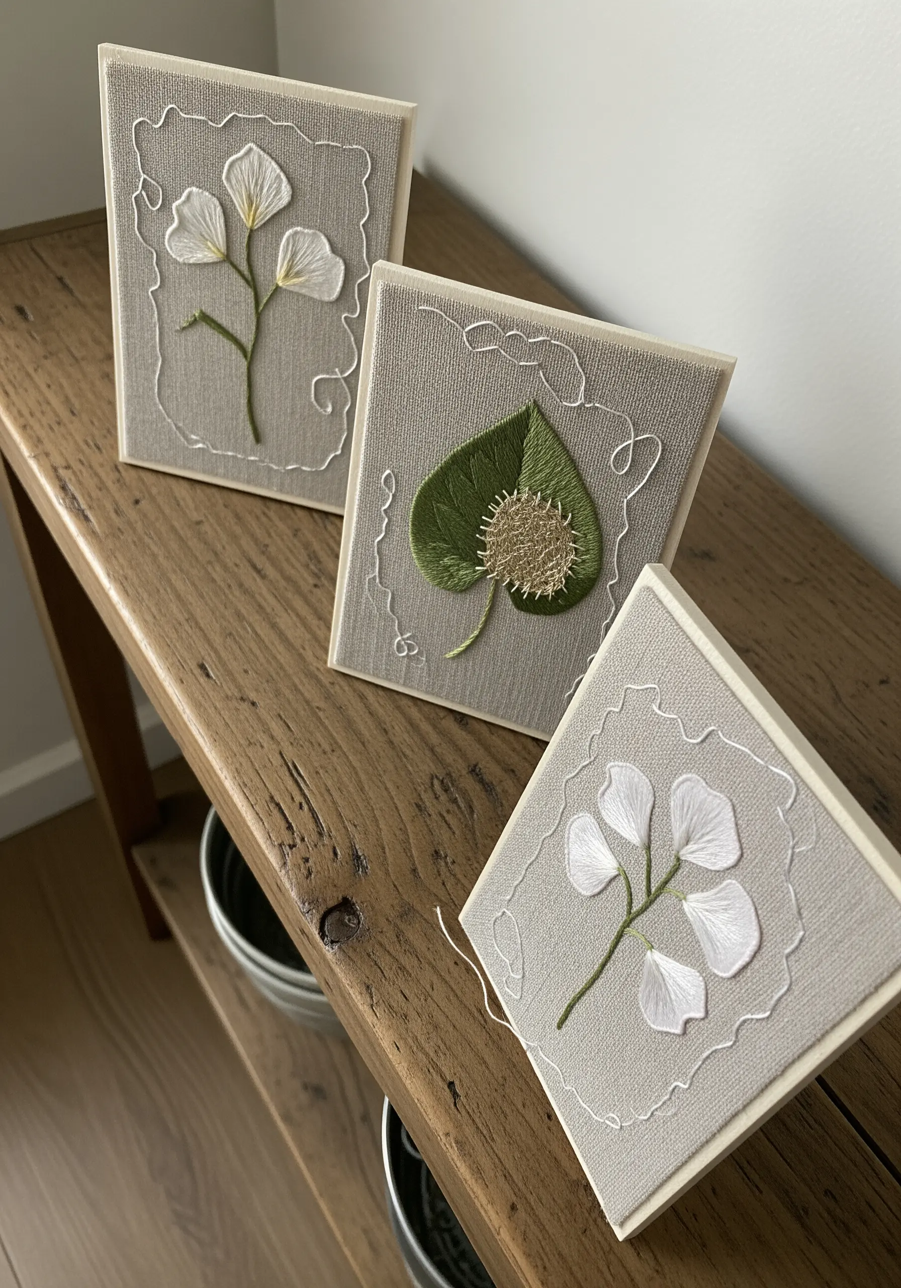 Three small framed embroidery pieces with 3D white flowers and a green leaf.