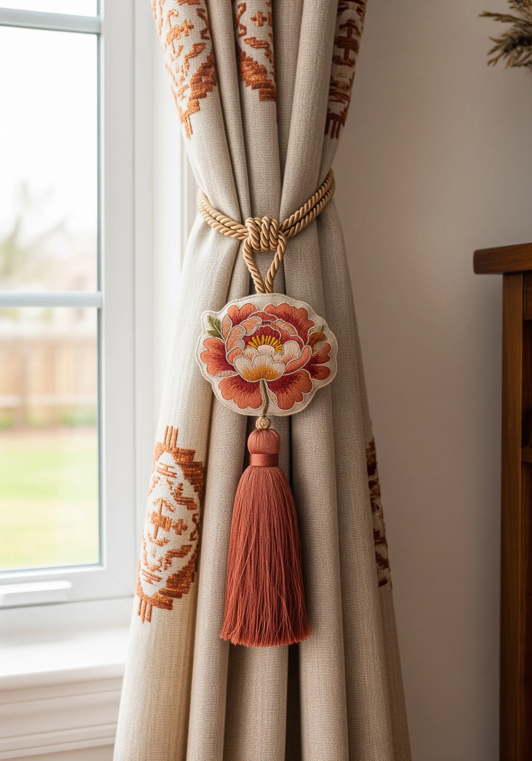 An embroidered peony-shaped curtain tie-back with a large tassel.