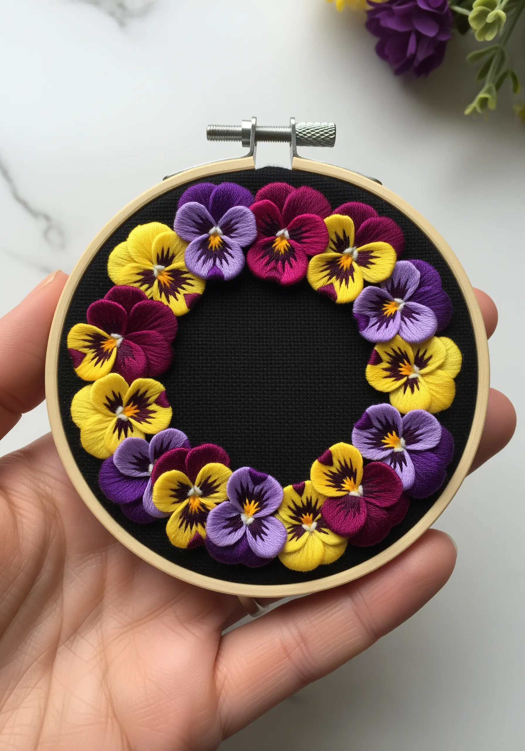 A wreath of vibrant, embroidered pansies in yellow, purple, and magenta on black fabric